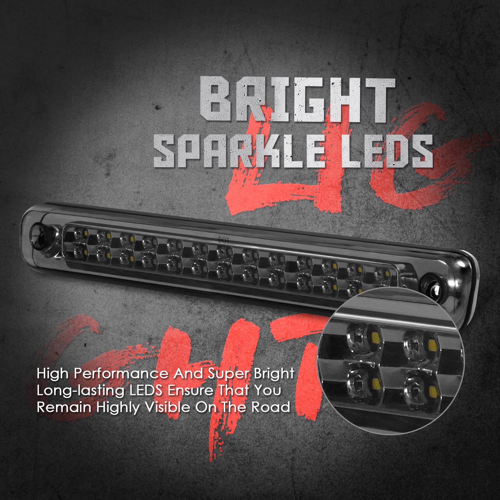 Komas 3Rd Third Tail Rear Brake Light Replacement For 1988 1989 1990 1991 1992 1993 1994 1995 1996 1997 1998 1999 Chevy Gmc C/K-Series Gmt400, Waterproof Dual Row Tail Rear Cargo Light Lamp (Smoke)