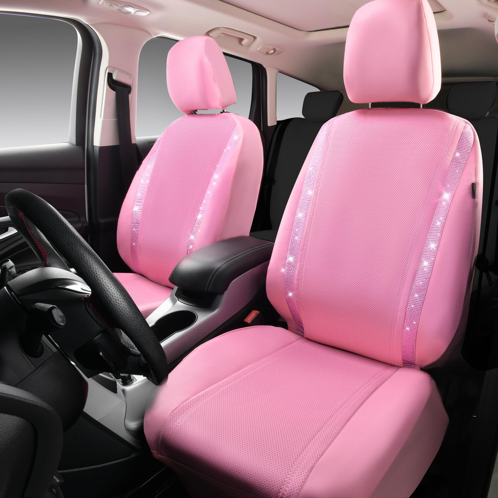 Car Pass Bling Car Seat Covers, Shining Rhinestone Waterproof Faux Leather Pink Car Accessories Two Front Only Universal Fit Auto Glitter Crystal Sparkle Strips For Cute Women Girl, Pink Diamond