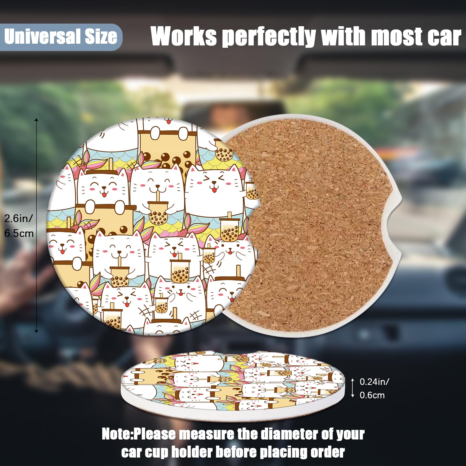 Car Cup Holders Coasters - Cute Cat Absorbent Ceramic Coaster, Cat Lover Drink Cup Holder Coasters, Auto Interior Accessories fo