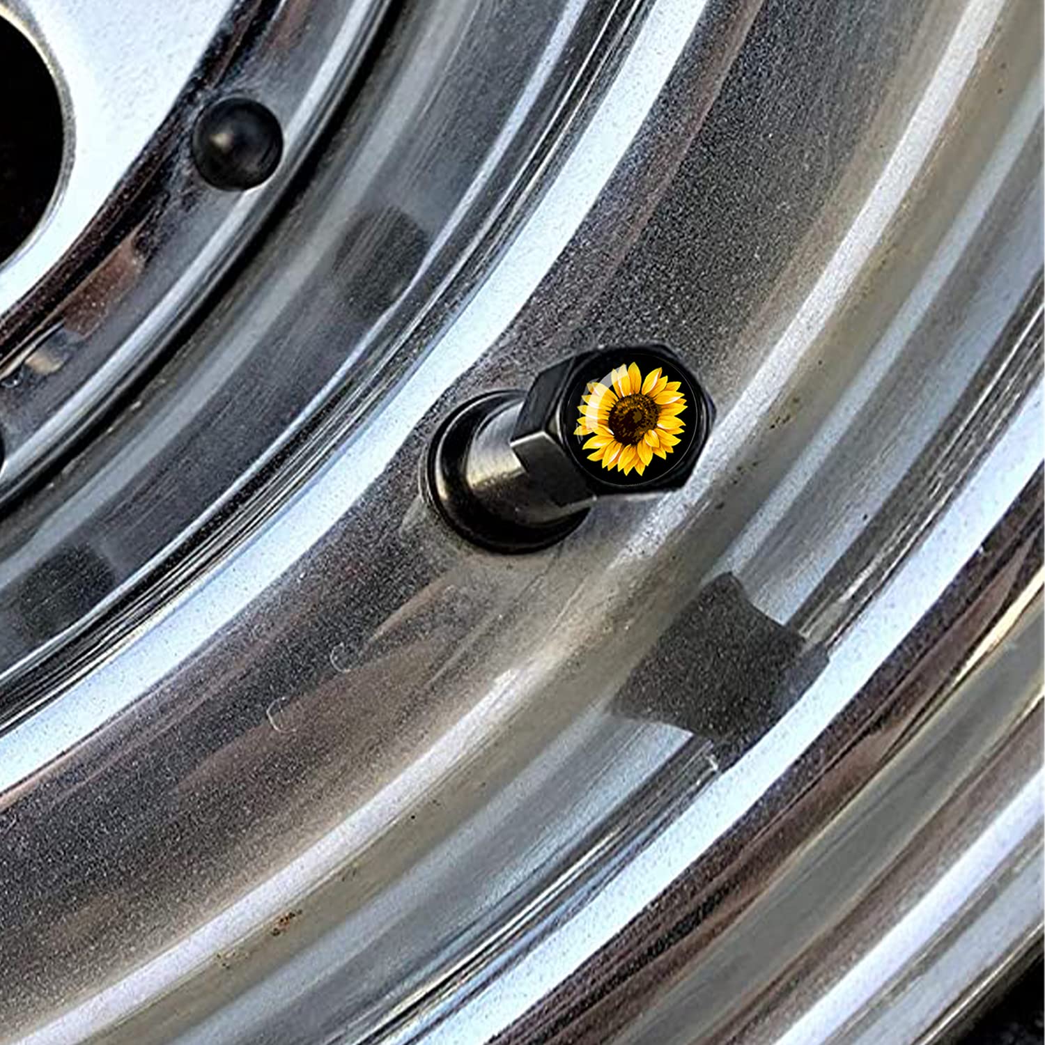Xiageana Metal Car Wheel Tire Valve Stem Caps 4 Pack Cool Sunflower Pattern Aluminum Car Tire Air Valve Caps For Cars, Trucks, B