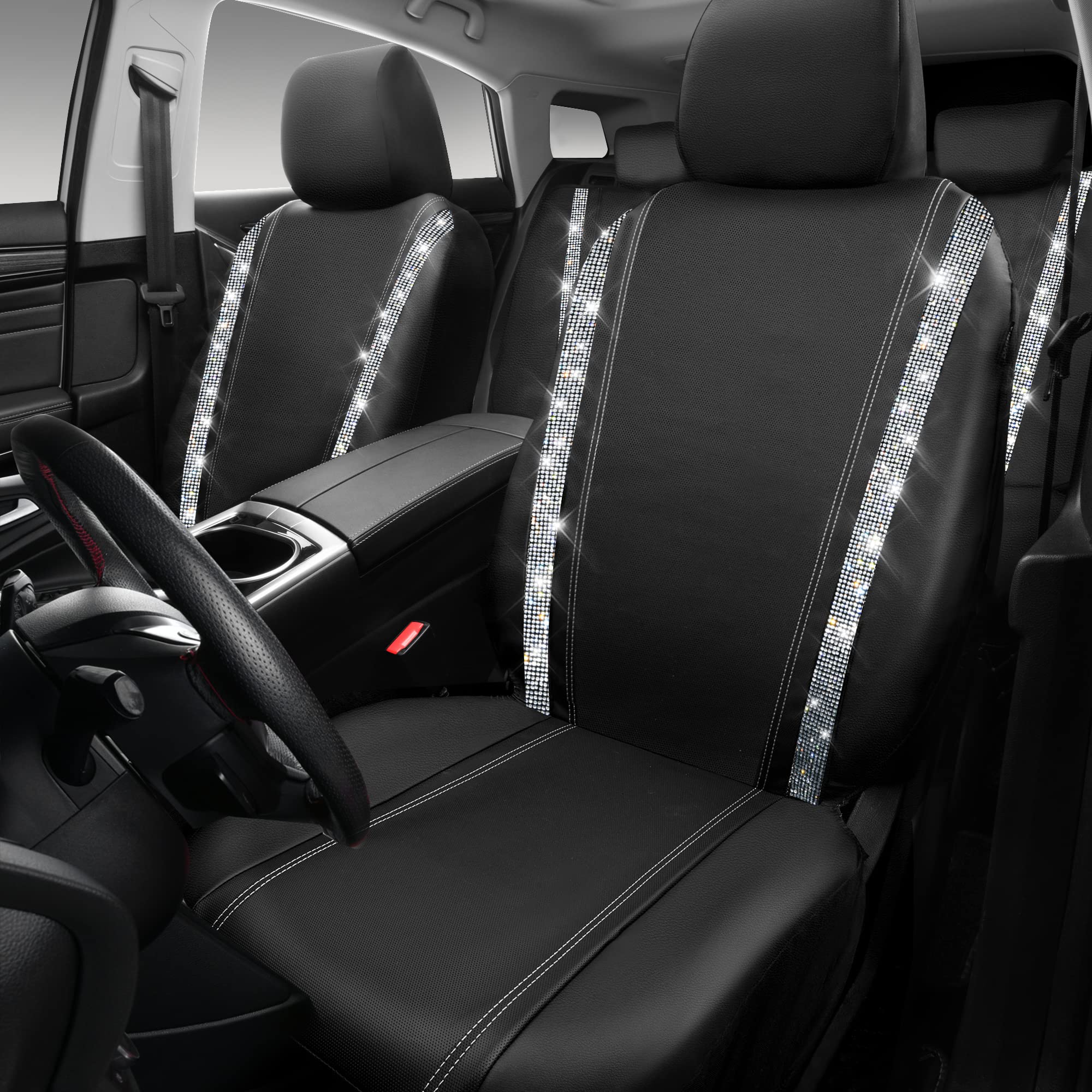 CAR PASS Bling Car Seat Covers, Shining Rhinestones Diamond Waterproof Faux Leather, 7 Seats 3 Rows with Zipper Glitter Crystal