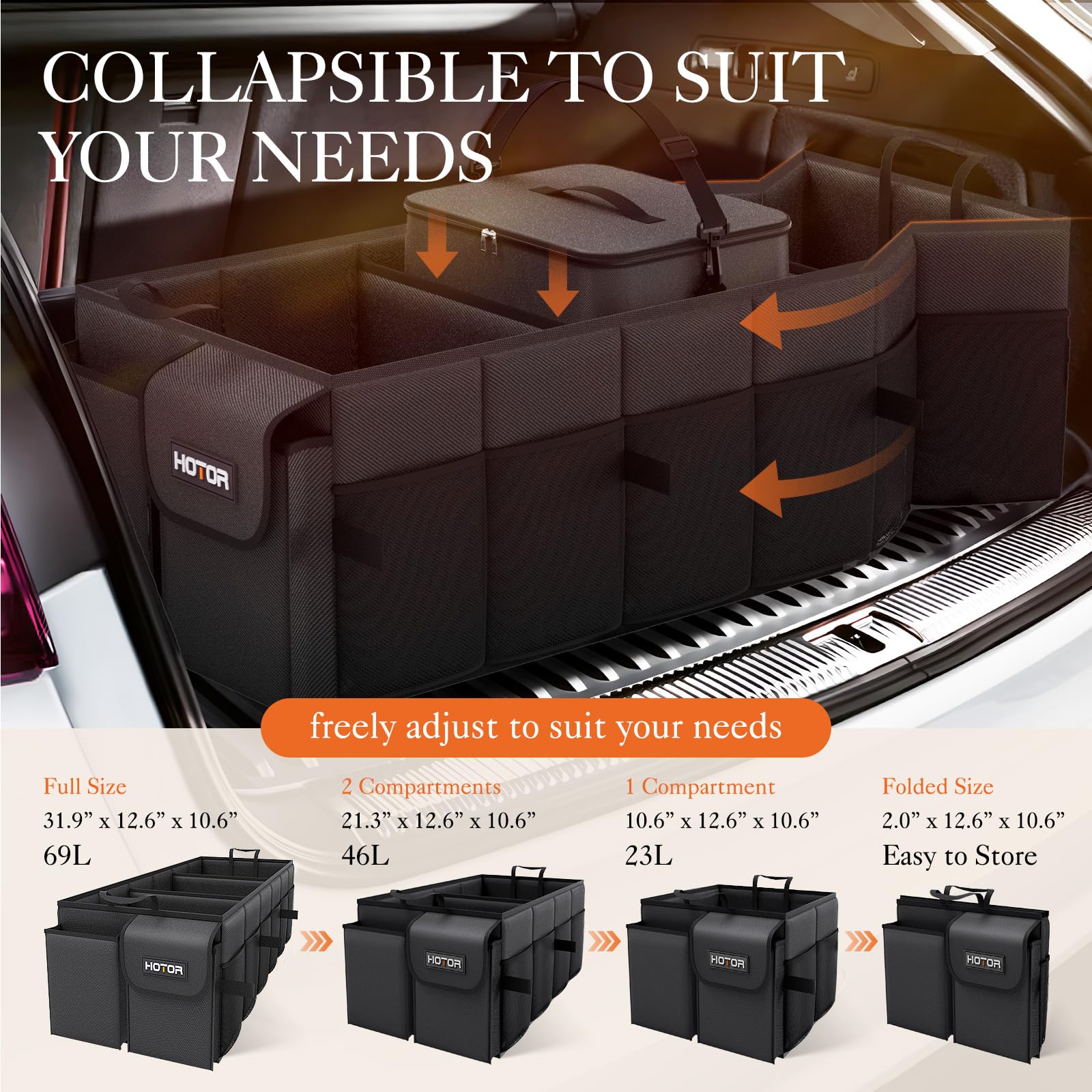 Hotor Trunk Organizer, Sturdy Foldable With Cooler For Car & Suv, 3 Compartments, Black, 30.90     12.60     10.63