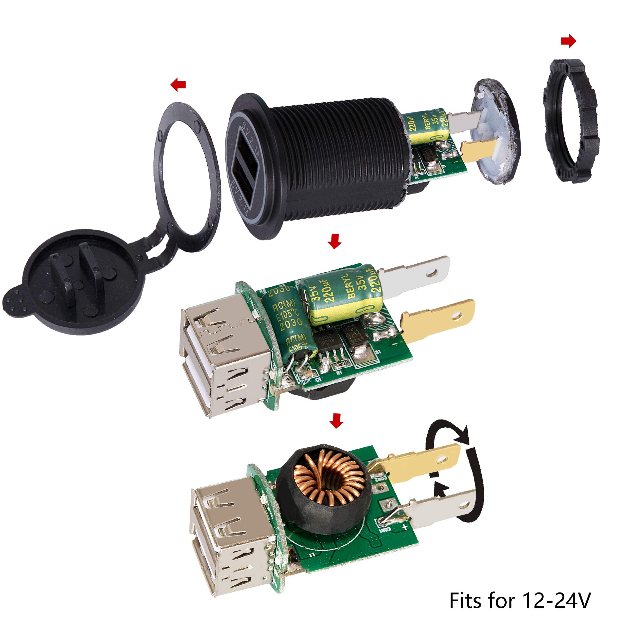 Ginsco Dual USB Charger Socket Power Outlet 2.1A & 2.1A(4.2A) for Car Boat Marine RV Mobile with Wire Fuse DIY Kit Blue LED