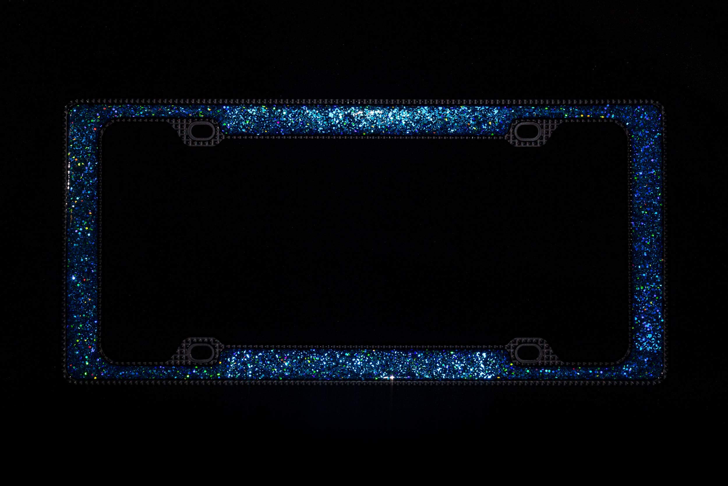 Creathome 3D Shining And Neon License Plate Frame From Pure Zinc Alloy Metal Perfect Plate Holder, Matt Black With Blue Glitter