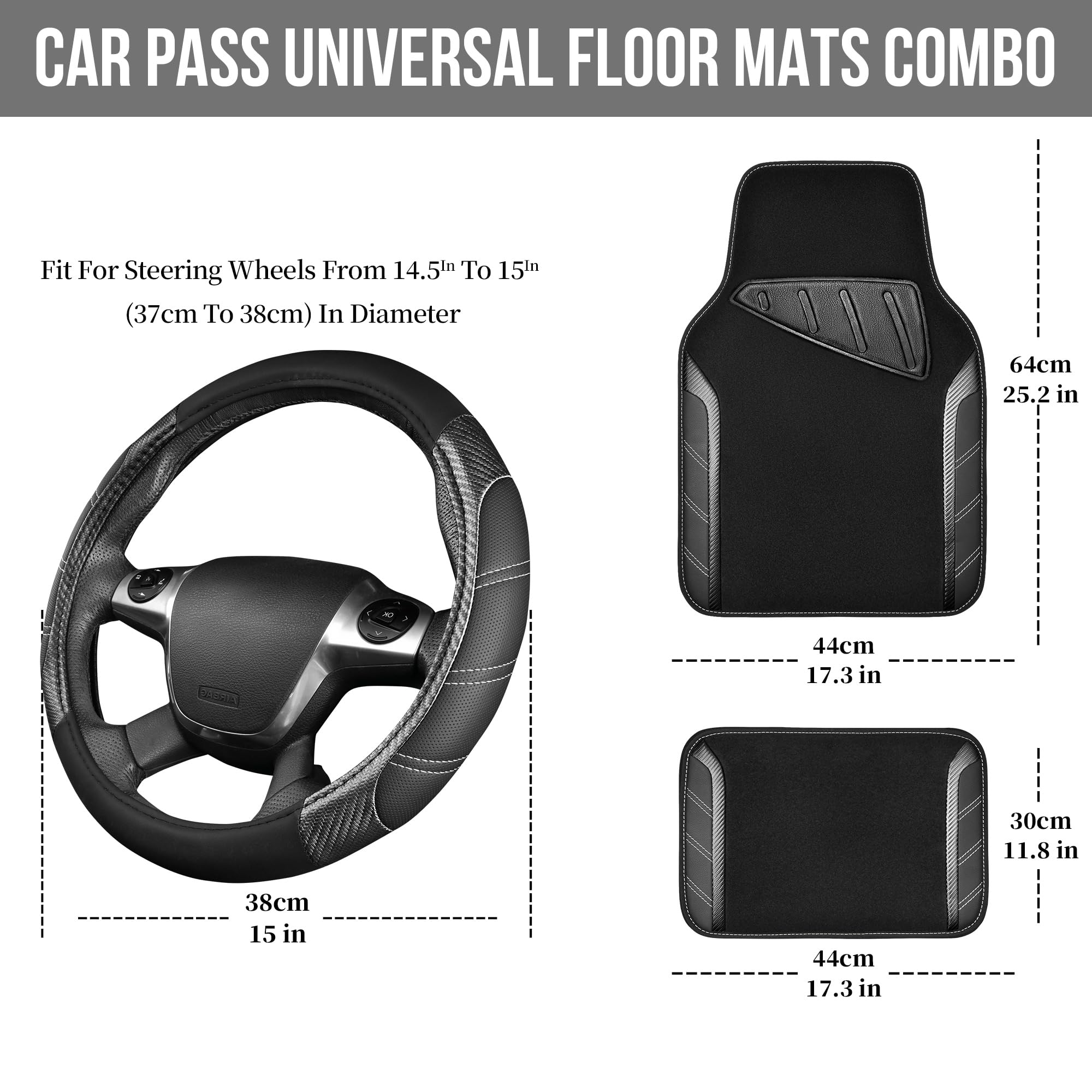 CAR PASS Leather Steering Wheel Cover and Waterproof Car Floor Mats,Microfiber Universal Car Combo Fit for 95% Sedan,SUV,Cars,14