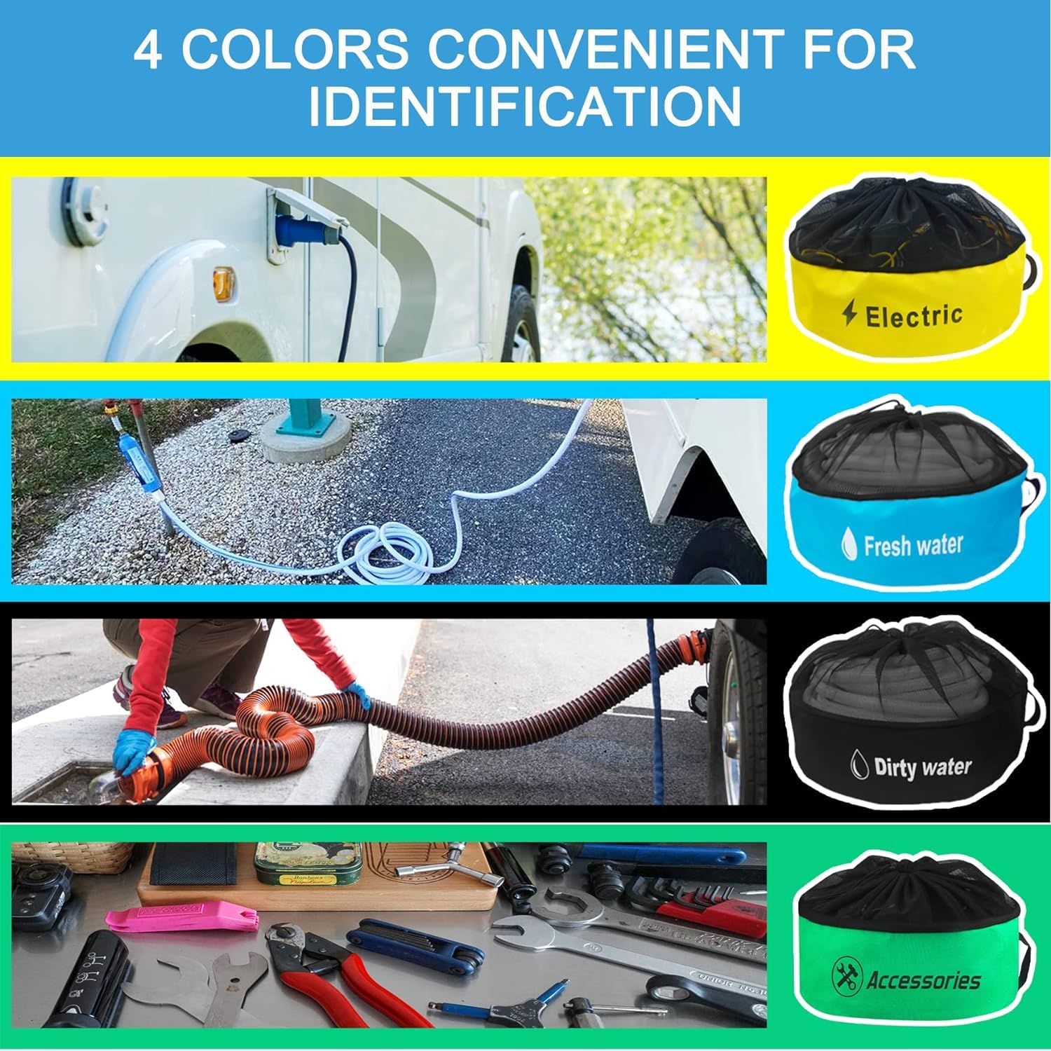 4-Pack Waterproof Rv Hose Storage Bags - Utility Bag For Fresh/Black Water Hoses, Electrical Cords & Accessories