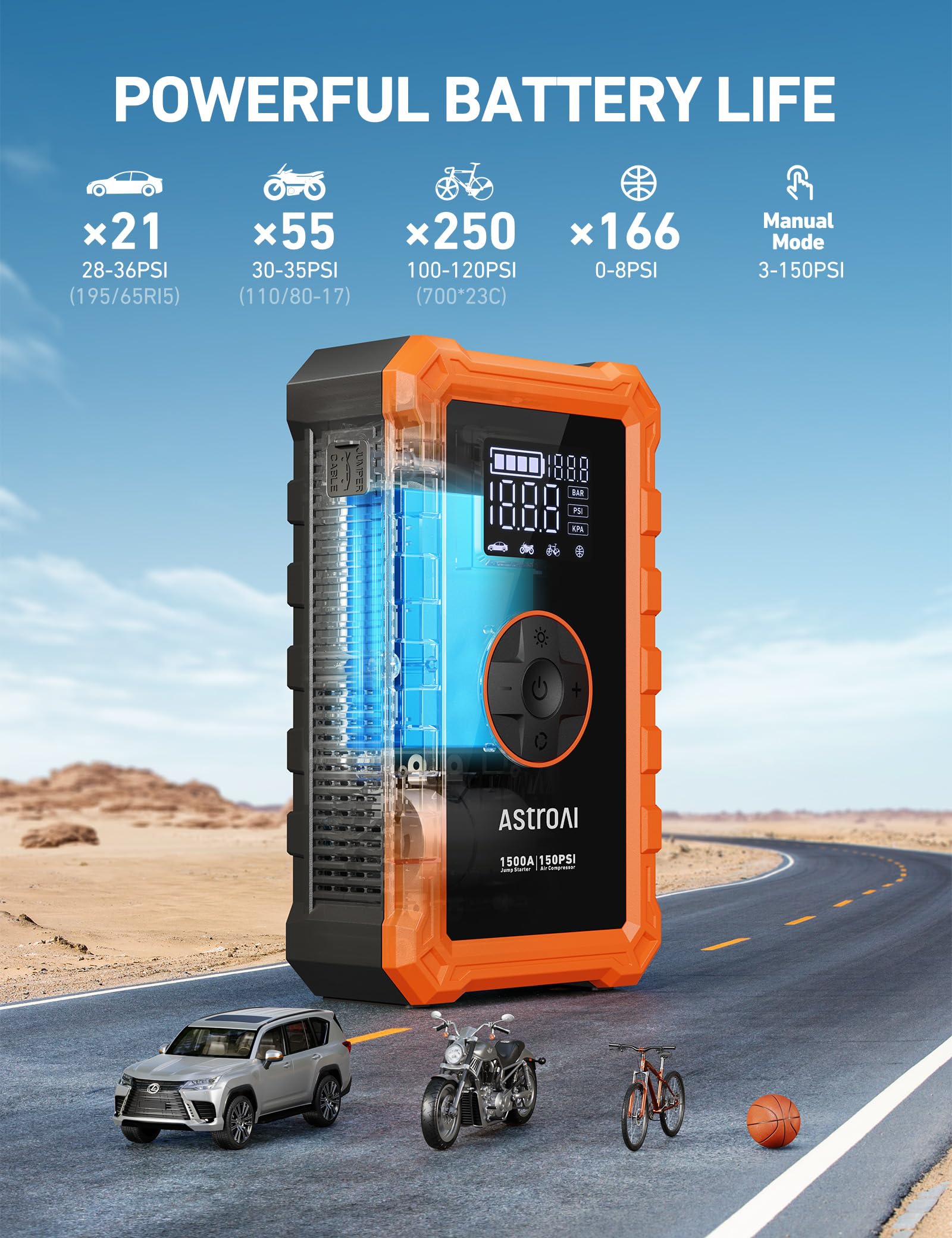 Astroai S8 Air Jump Starter With Air Compressor, 1500A Peak Car Battery Jump Starter Portable (6.0 Gas/3.0L Diesel) With 150Psi