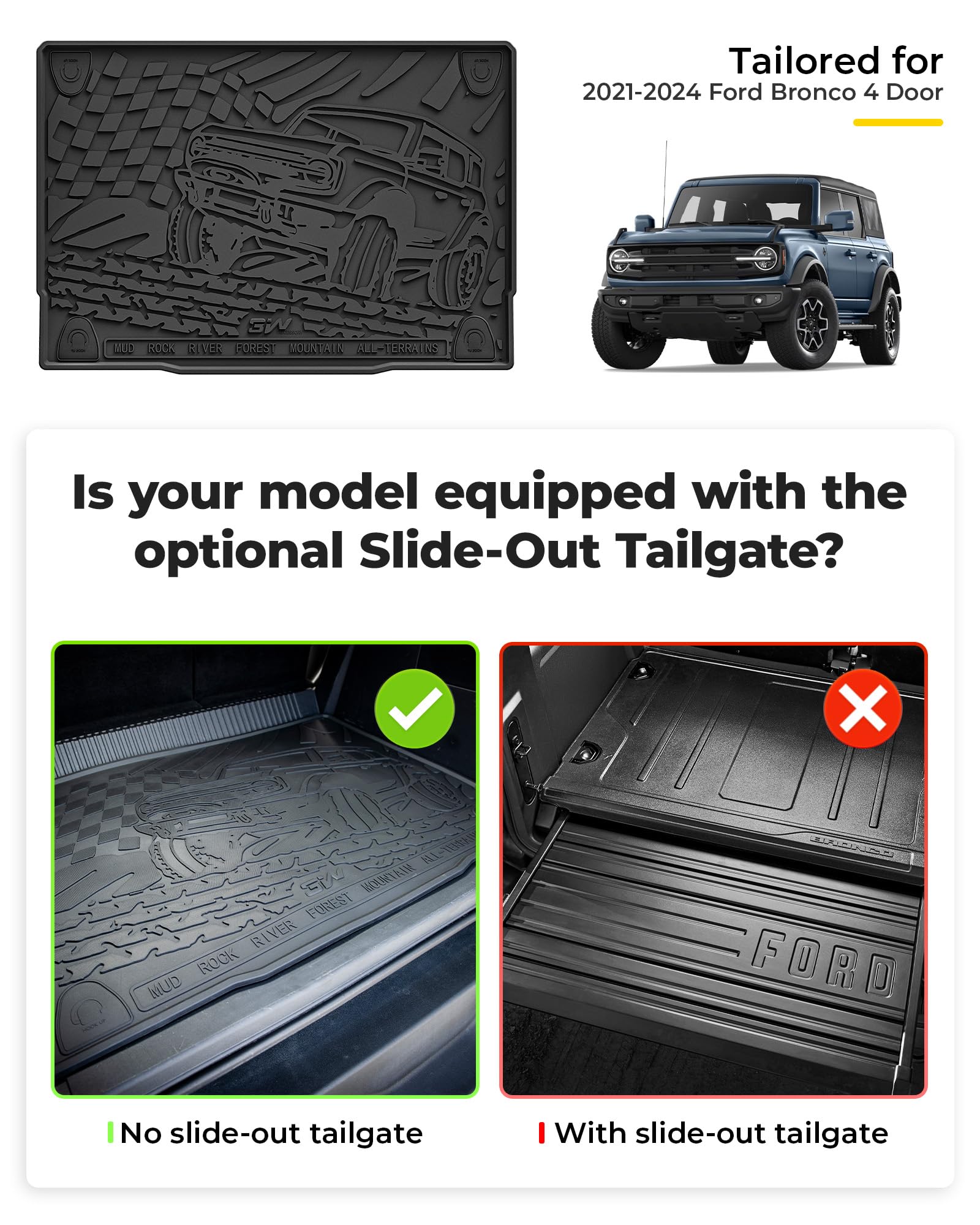 3W Ford Bronco Floor Mats & Cargo Liner & Back Seat Cover Custom Fit For 2021 2022 2023 2024 2025 Bronco 4 Door All Weather Cust