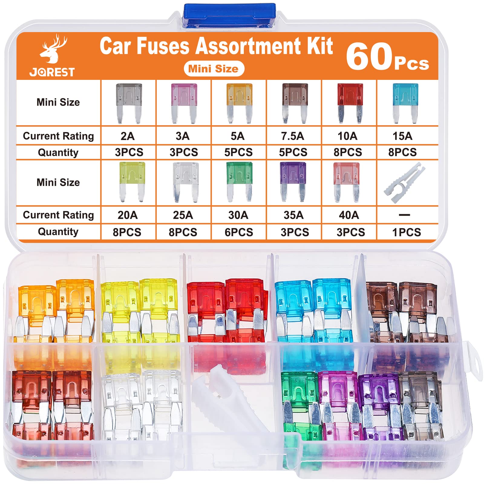 Jorest 60Pcs Car Fuse Kit - Replacement Fuses Assortment Kit For Car/Rv/Truck/Motorcycle(2Amp 3A 5A 7.5A 10A 15A 20A 25A 30A 35A