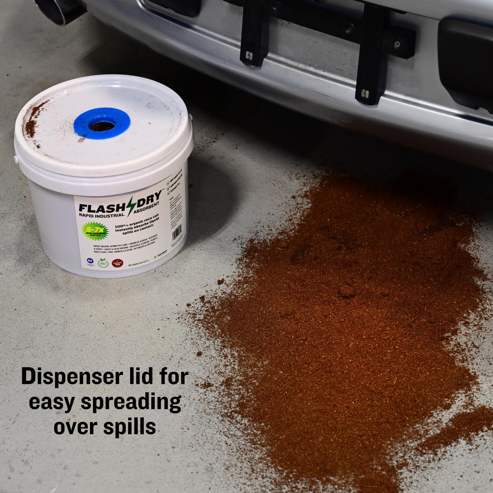 Flashdry Super Spill Absorbent, 5L Bucket With Dispenser Lid, 100% Organic Coco Coir, Landfill Safe, Osha Approved, Ideal For Absorbing Oil, Paint, Grease In Garages, Kitchens, Janitor Kits