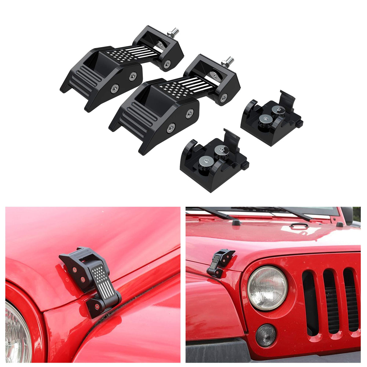 Aslong 2Pcs Hood Latches Catch Kit With U.S. Flag Style Black Aluminum For Jeep Wrangler Jk Jku 2007-2018 & 2018-2021 Jeep Wrang