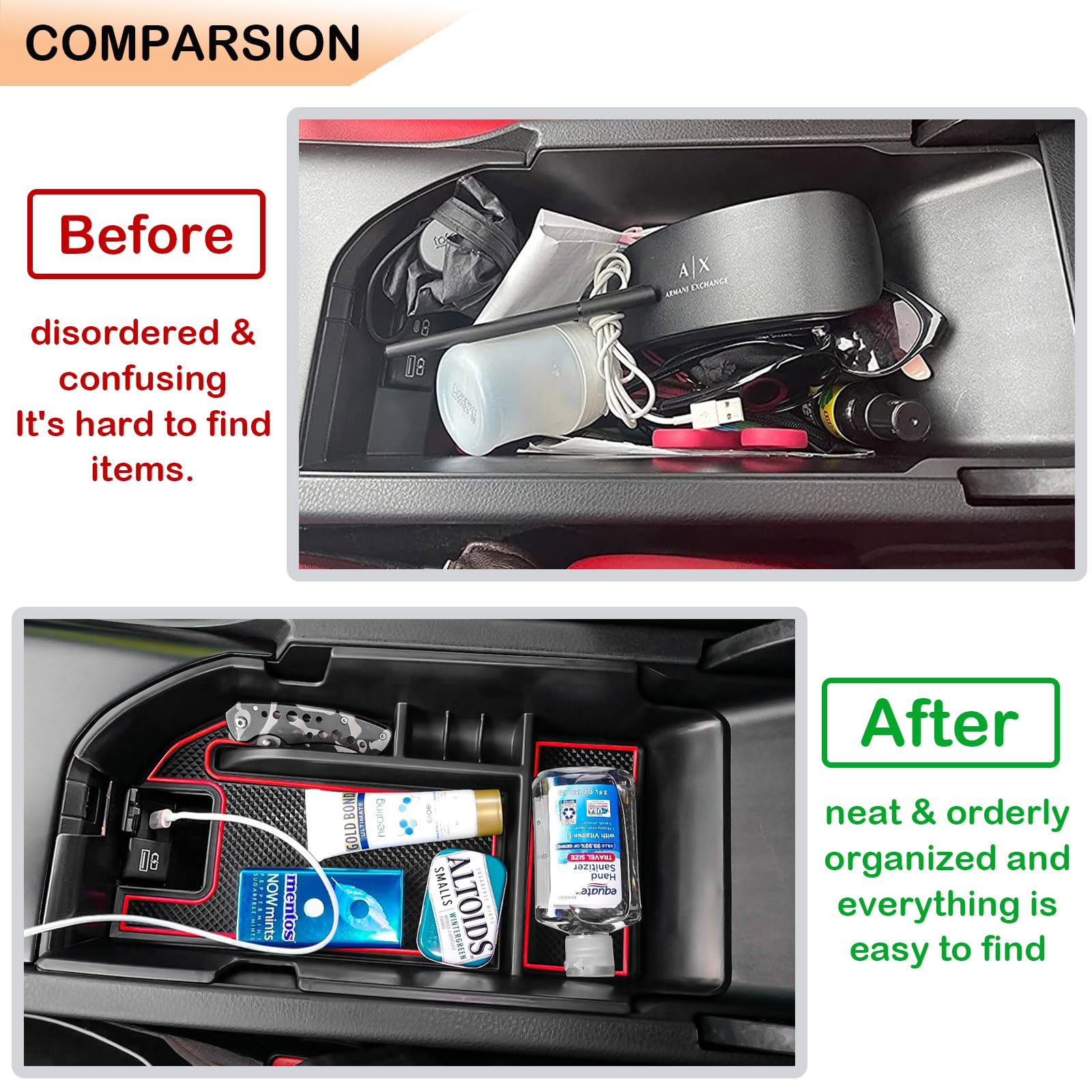 Tacorbo Center Console Organizer Compatible With Camry Xle Xse 2018-2022 2023 And Camry Le Se 2020 2021-22 2023 Insert Tray Accessories, Armrest Secondary Storage Box, Fit Dual Usb Ports, Red Trim