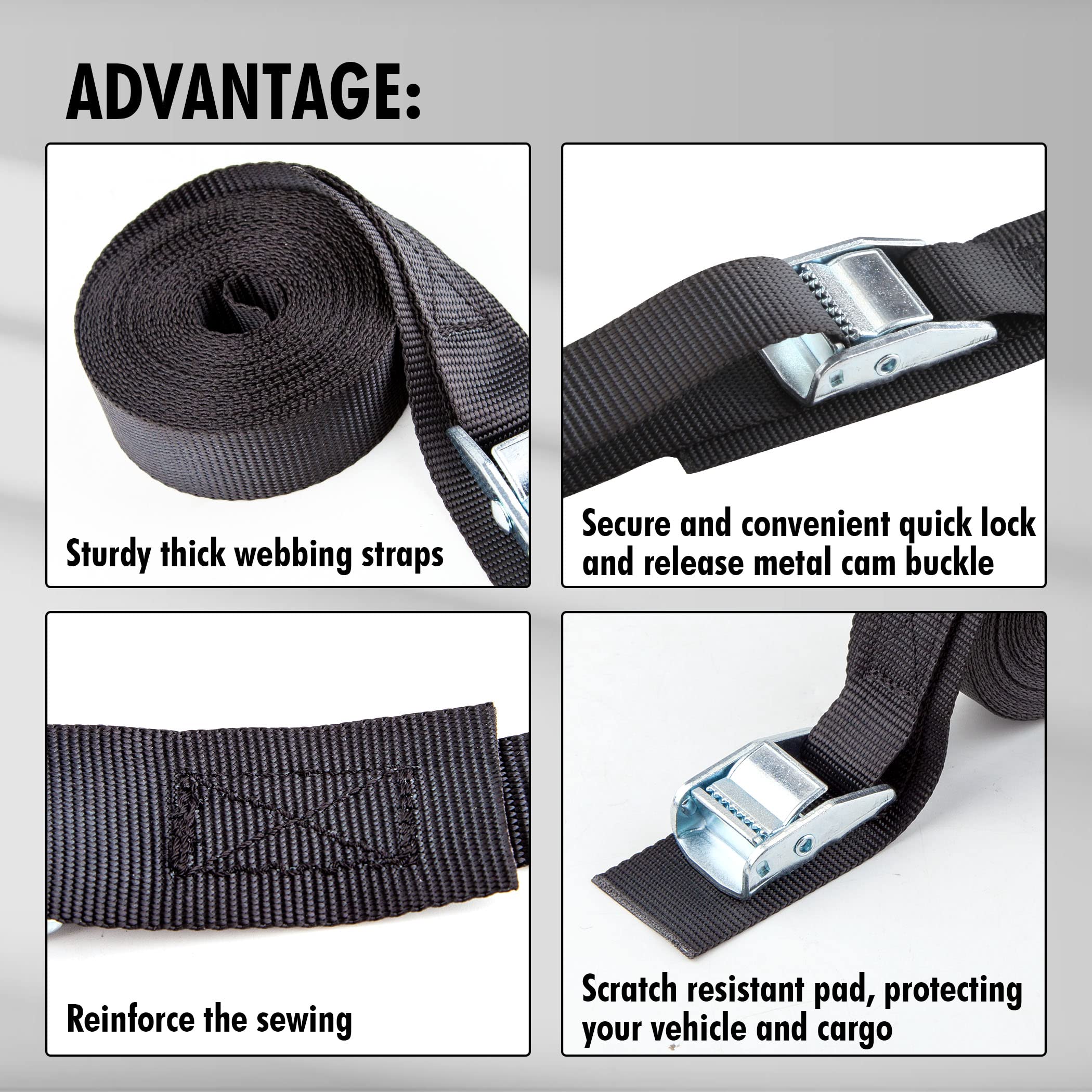 Cartman 1'' X 15'Lashing Straps With Adjustable Cam Buckle Cargo Tie Down With Protective Pad, 8 Pack, Black