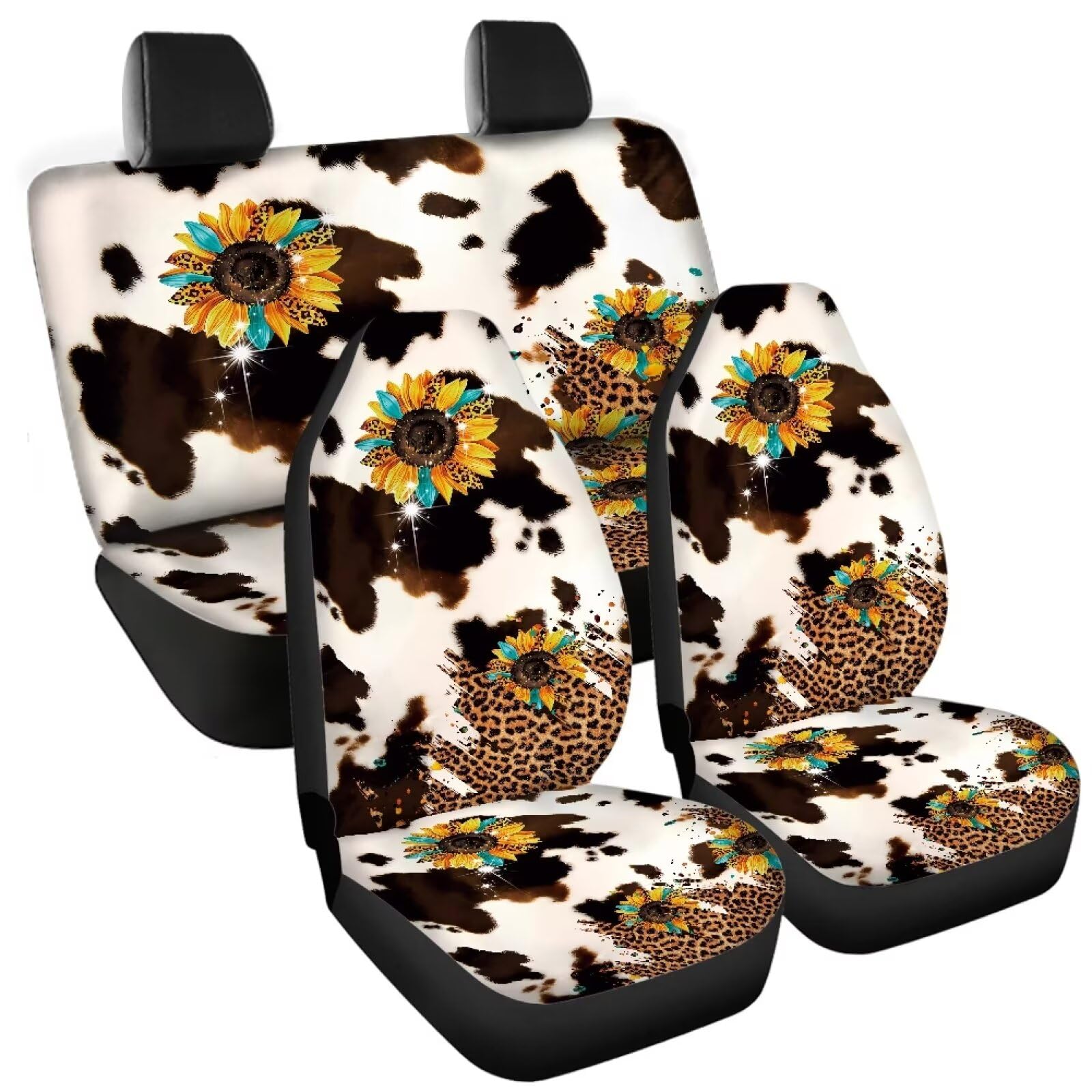 Tomeusey Leopard Sunflower Pattern Car Seat Cover Full Set, Front Rear Seat Cover 4 Pcs Car Seat Mats Full Set for Women Men, So