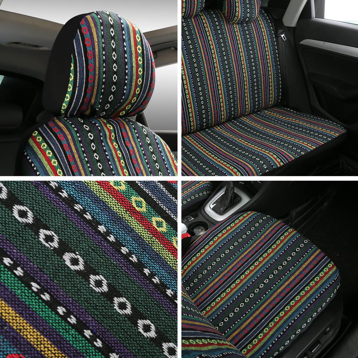 Ponyjoyup Baja Saddle Blanket Car Seat Covers 4Pcs Front, Breathable And Washable Striped Woven Automotive Vehicle Seat Cover, Universal Boho Seat Cover For Sedan, Suv, Truck, Airbag Compatible