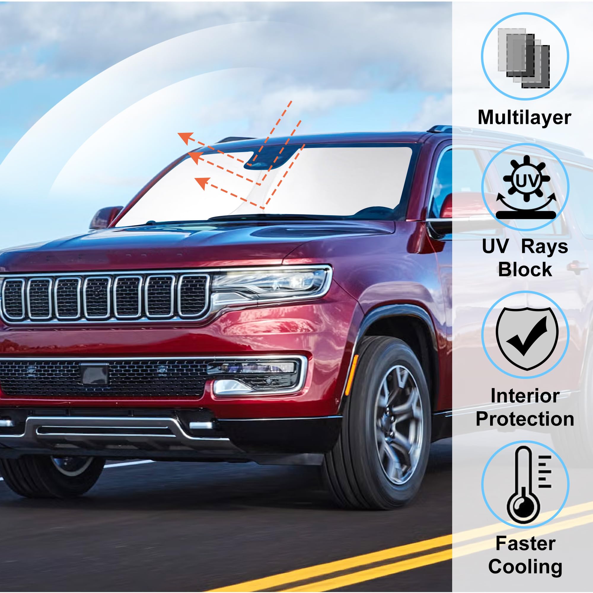 Windshield Sun Shade Custom Fit For 2022 2023 2024 2025 Jeep Wagoneer (Not For Grand Wagoneer) Accessories Foldable Sunshade Sun