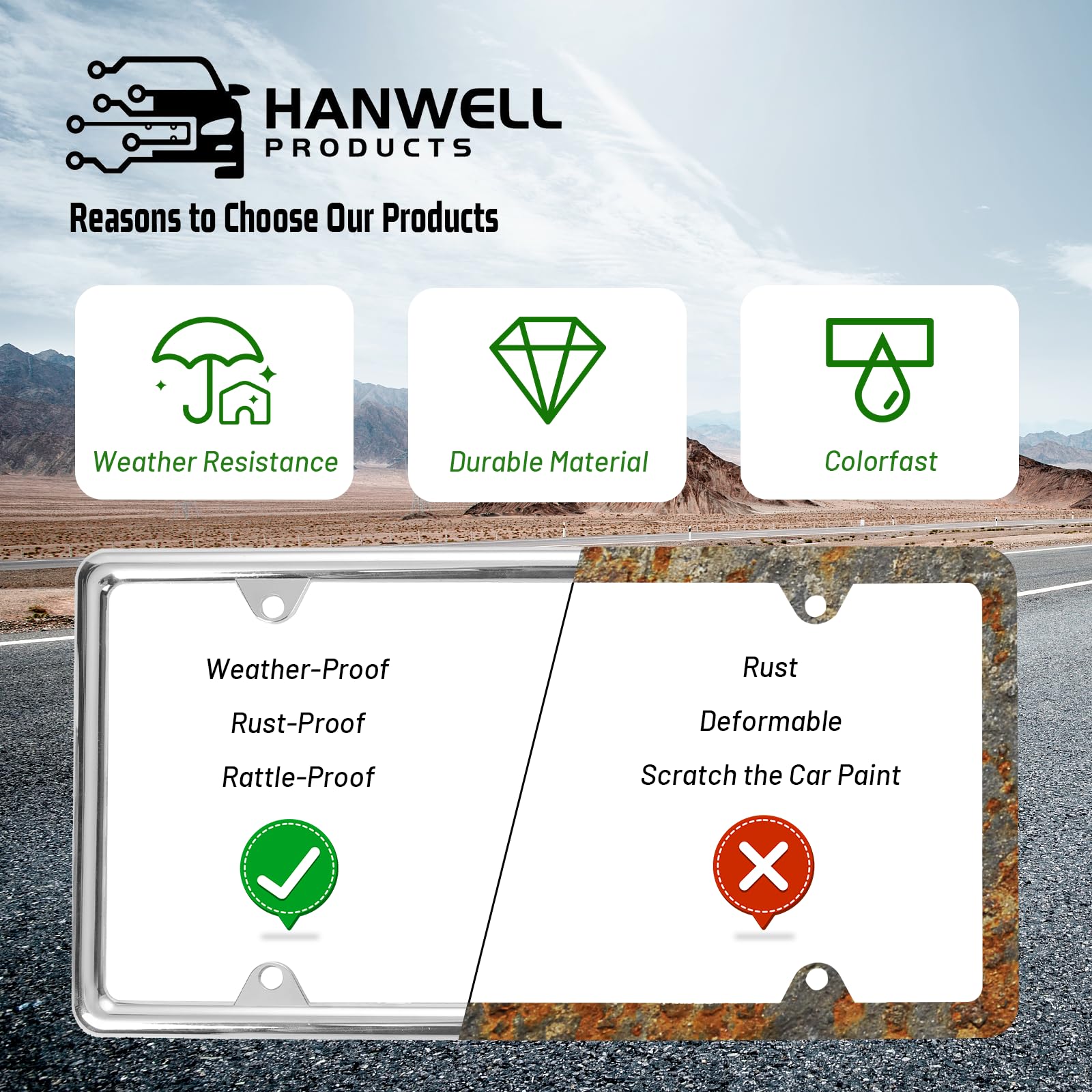 Hanwell Products Chrome License Plate Frames Made of Zinc Alloy Metal, Universal Car Accessories,2Pack Front & Rear License Plat