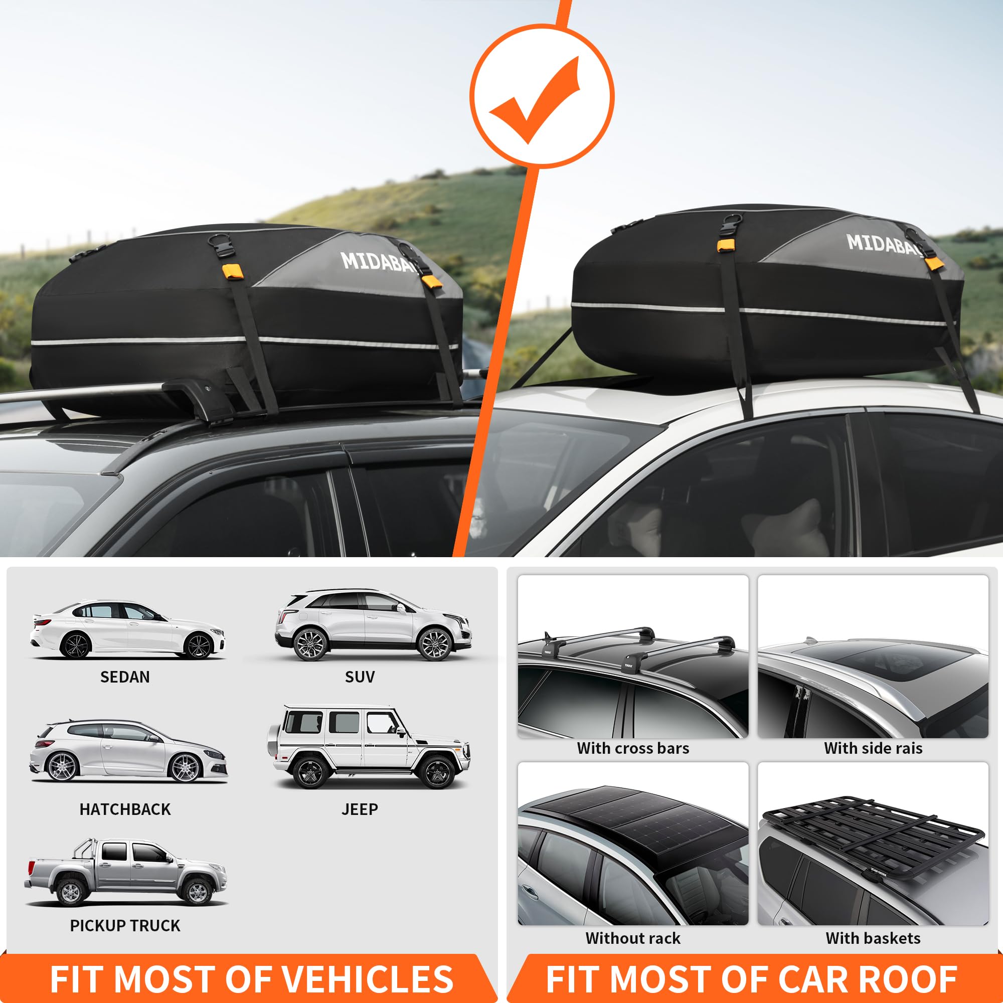 Midabao 15 Cubic Waterproof Duty Car Top Carrier - Zippers Coated, Includes Anti-Slip Mat - For Vehicles With Or Without Racks