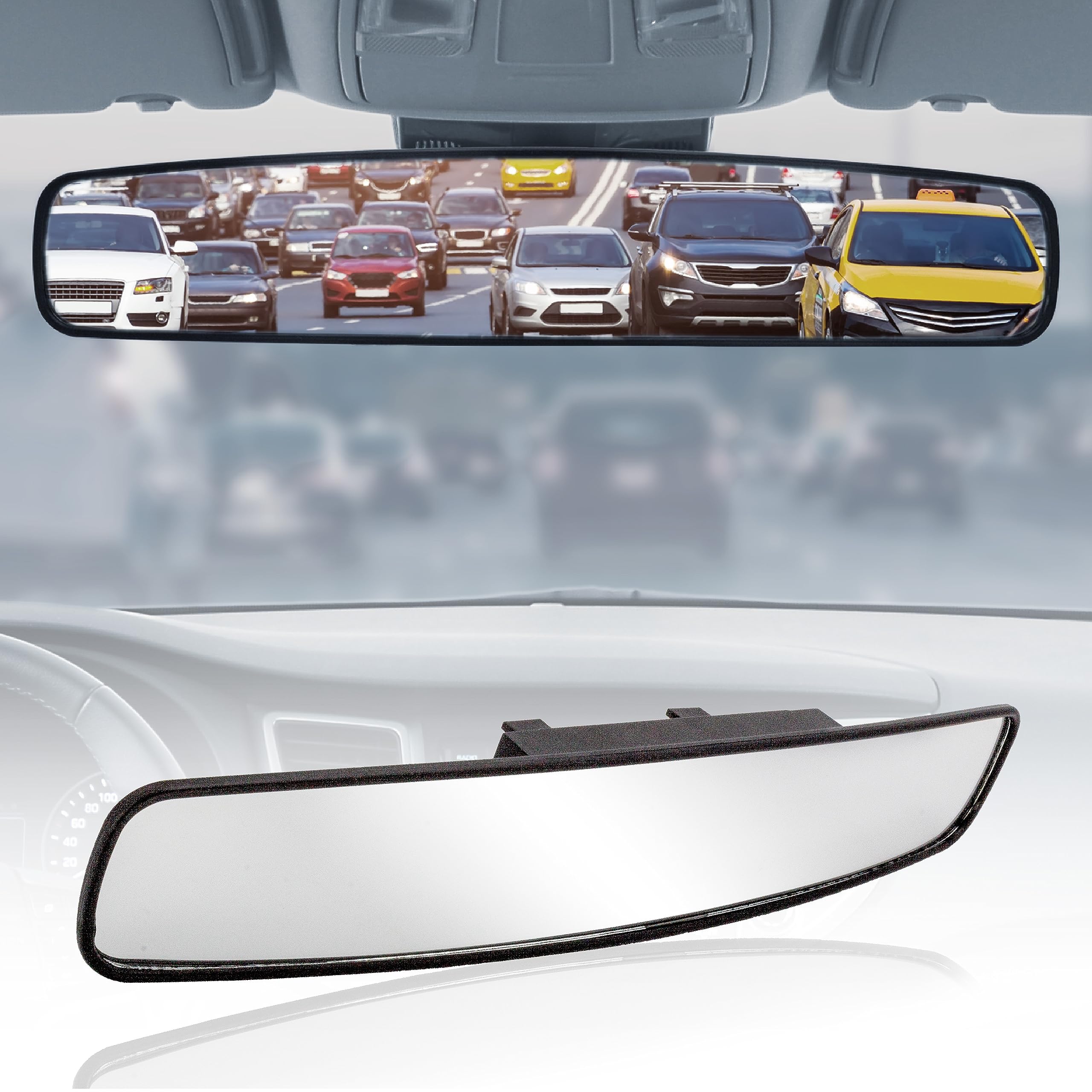 Goodyear [Super Large] 17” Panoramic Rear View Mirror For Cars/Suvs, [Promotes Safety] Helps With Parallel Parking, Fits All Vehicles, Wide Angle Backseat Passenger Viewer, Extra Wide Size