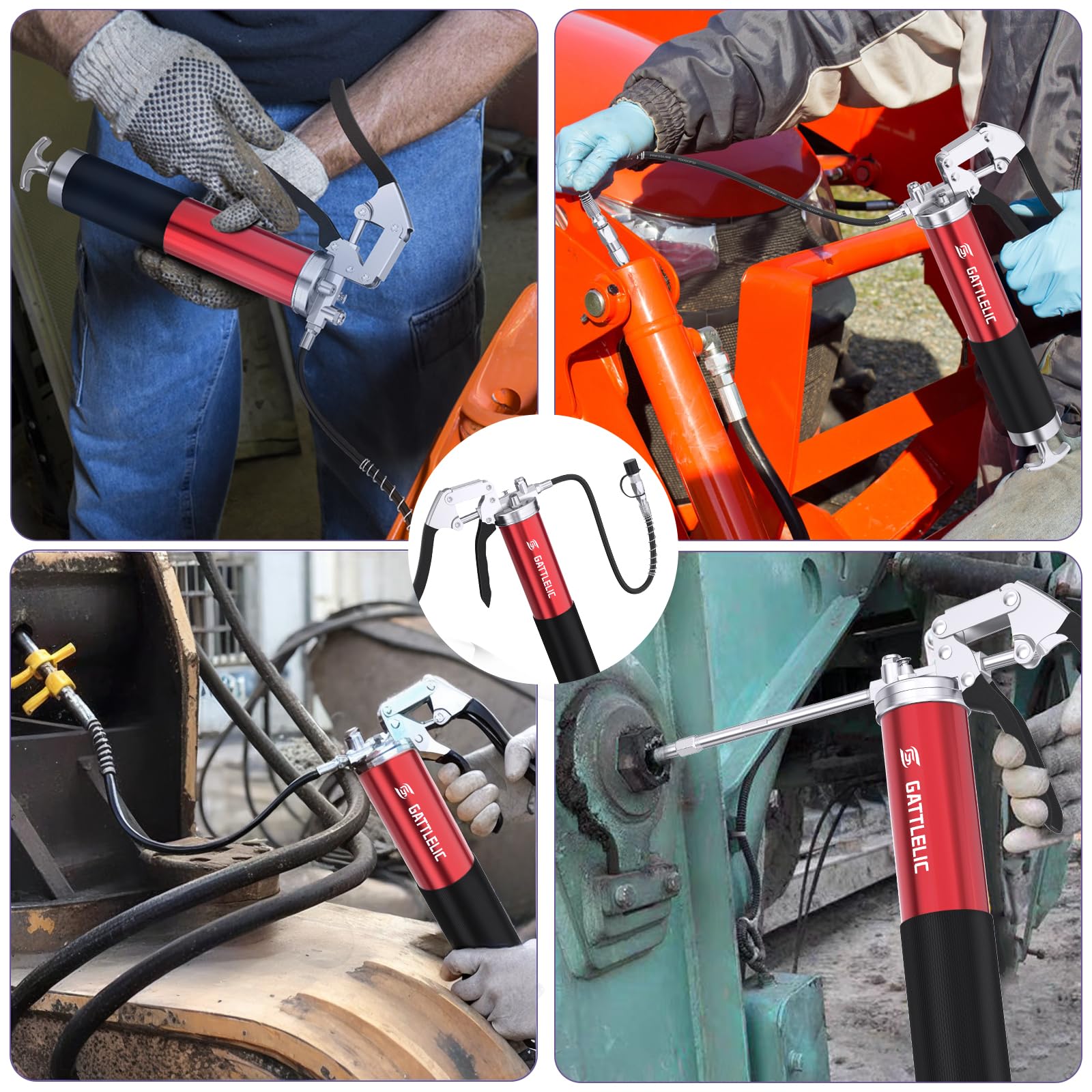 GATTLELIC 8000 PSI Heavy Duty Grease Gun Kit - 14oz with Flex Hose, Sharp Nozzle, Extension Pipe & Coupler, Red