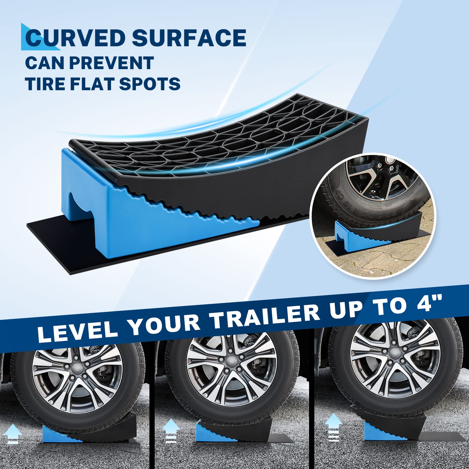 Kohree Rv Leveling Blocks, Up To 35,000 Lbs, Upgrade 2 Packs Sturdy Rv Curved Levelers With 2 Blue Chocks, 2 Non-Slip Mats, 1 Ca