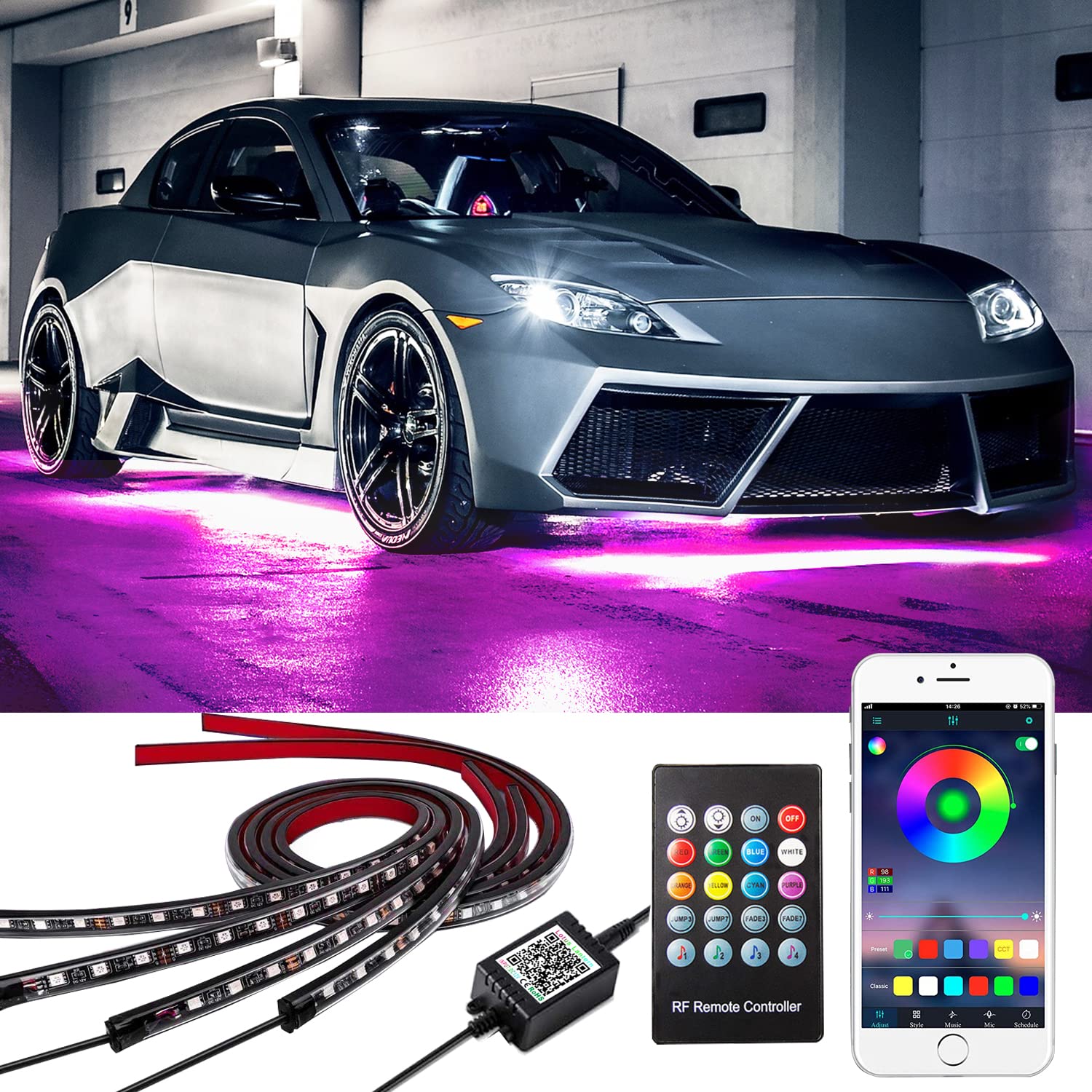Yielinth Smart Exterior Car Lights,16 Million Colors Music Mode Neon Accent Lights Strip ,Waterproof Underglow Kit For Car With App & Rf Remote Control,Dc 12V