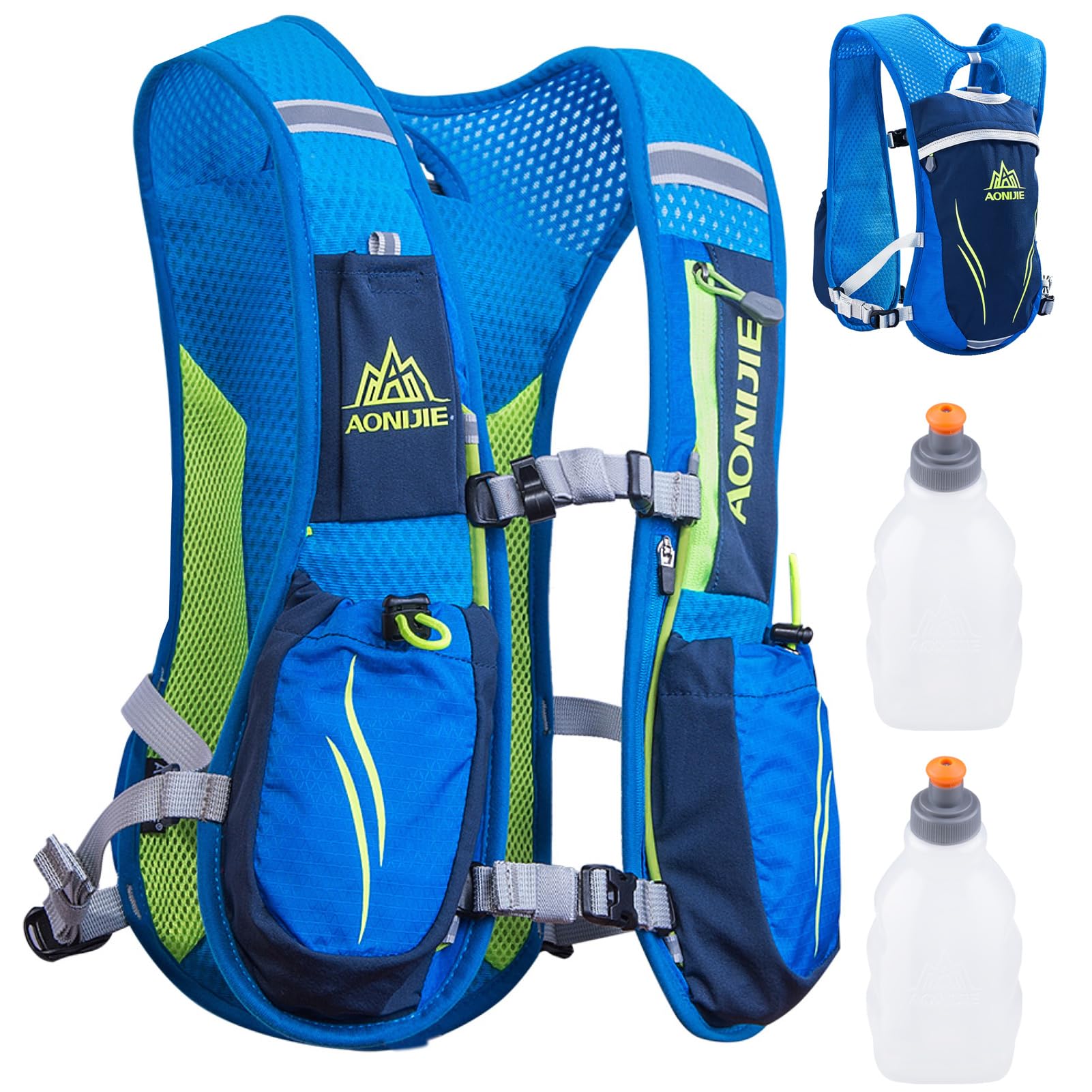Azarxis Hydration Running Vest Backpack Pack 5.5L For Women And Men Jogging Trail Race Marathon Cycling Hiking (Blue With 2 X 250Ml Water Bottles)