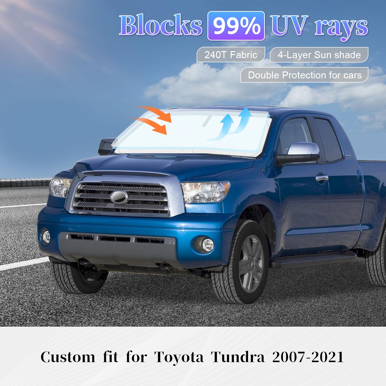 Sun Shade Sunshade For Toyota Tundra Windshield Cover, 4-Layer Front Window Shade Custom Fit Tundra 2007-2021 Limited Sr5 Platin