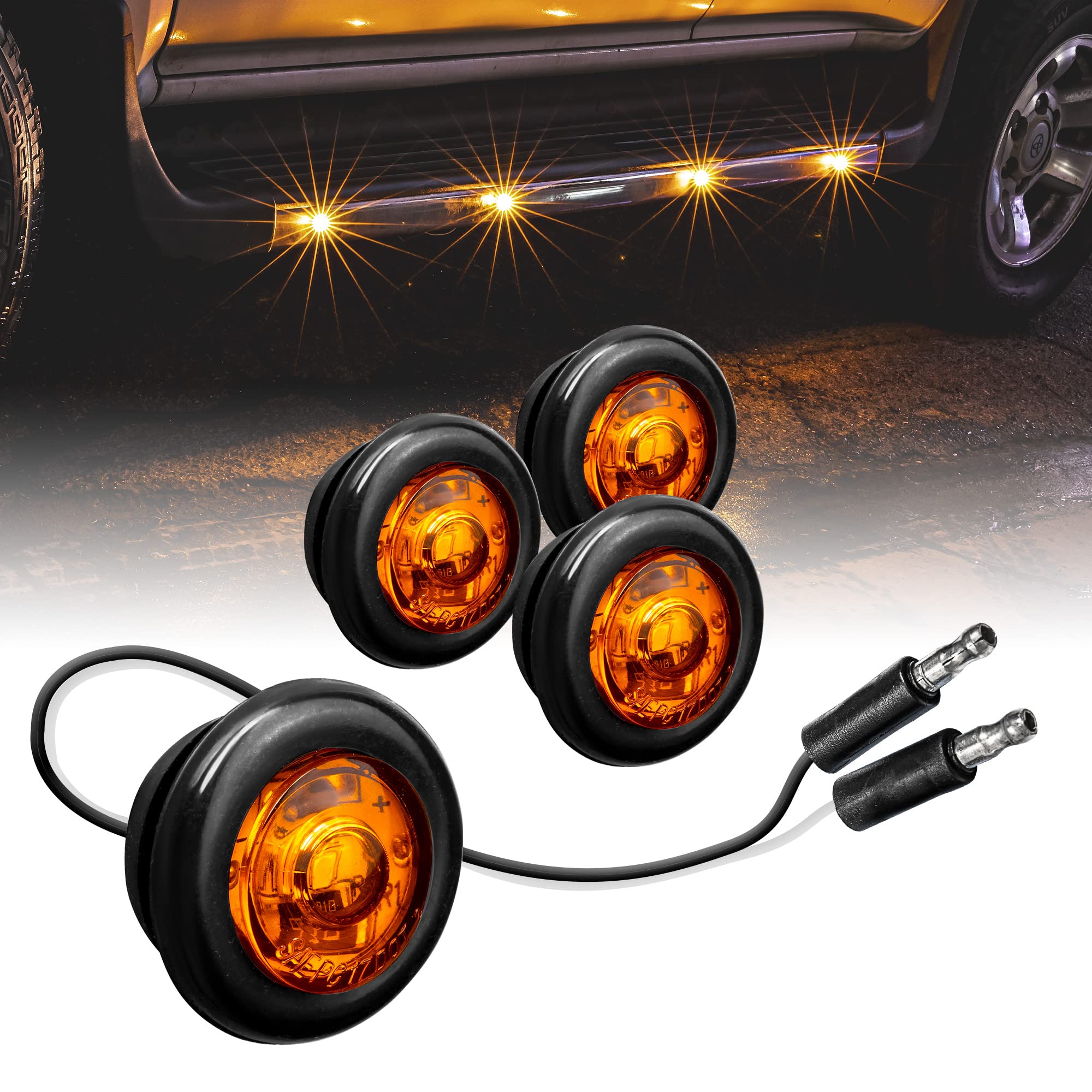 True Mods 4Pc 3/4'' Inch Round Amber Trailer 12V Led Marker Light [Dot Fmvss 108] [Sae P2Pc] [Semi-Spherical Output] [Ip67 Water