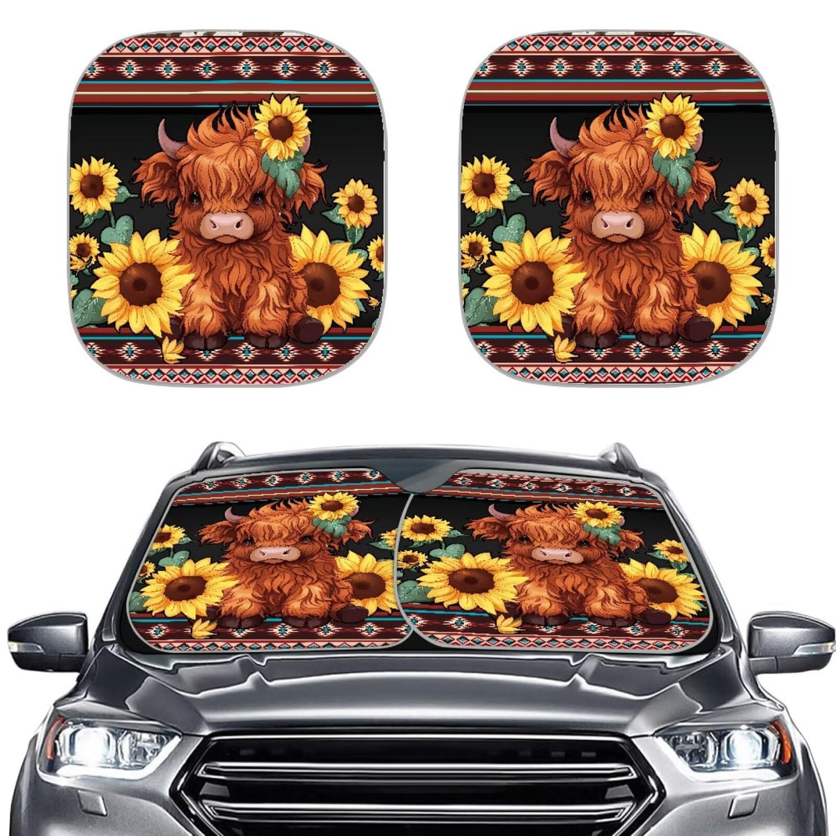 Huisefor Highland Cow Windshield Shade Covers Aztec Car Window Shades Front Windshield Foldable 2 Piece Sun Blocking Uv Rays Sha