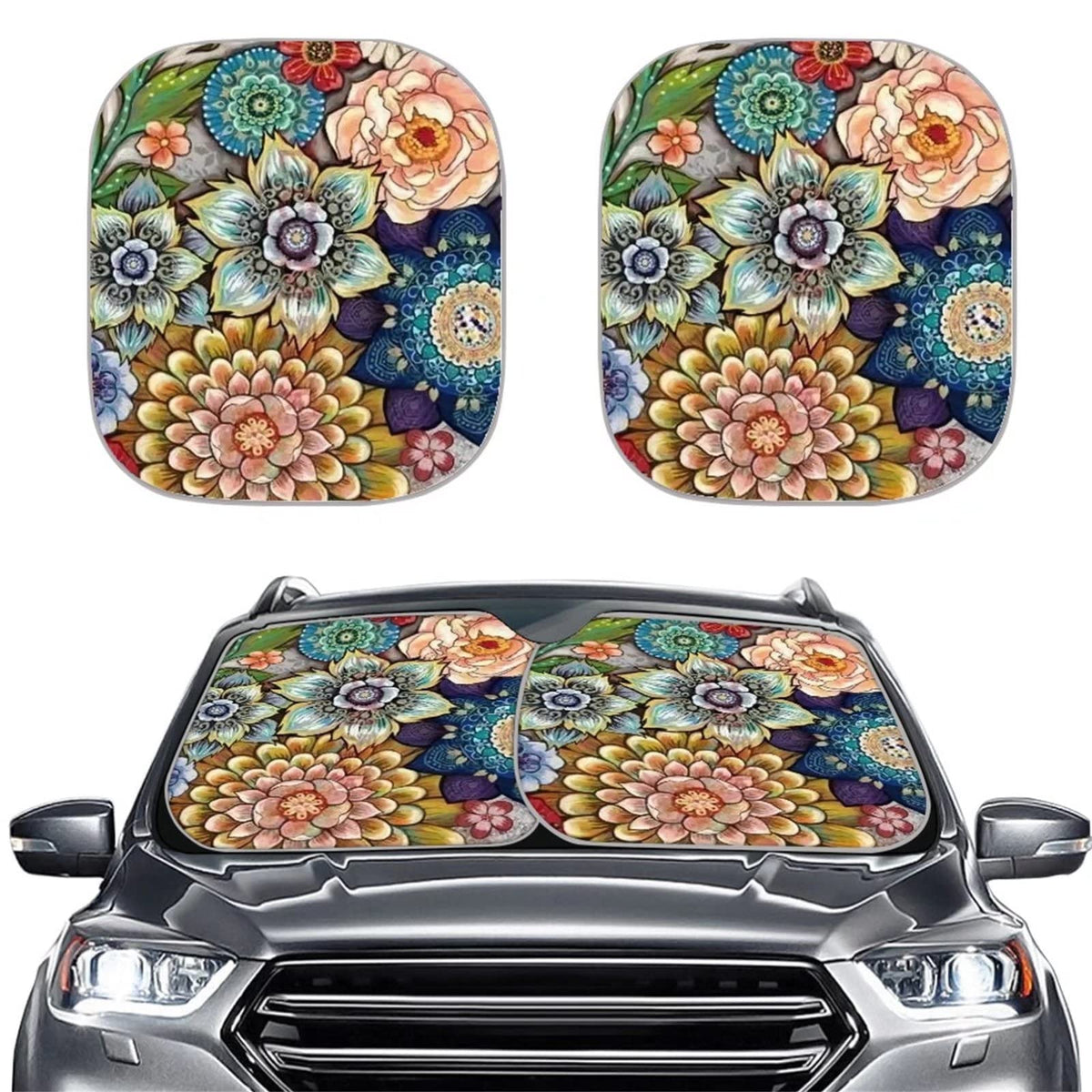 Renewold Flower Novelty Windshield Sun Shade 2 Pack Foldable Car Front Window Sunshade For Most Sedans Suv Truck Auto Sun Blocke