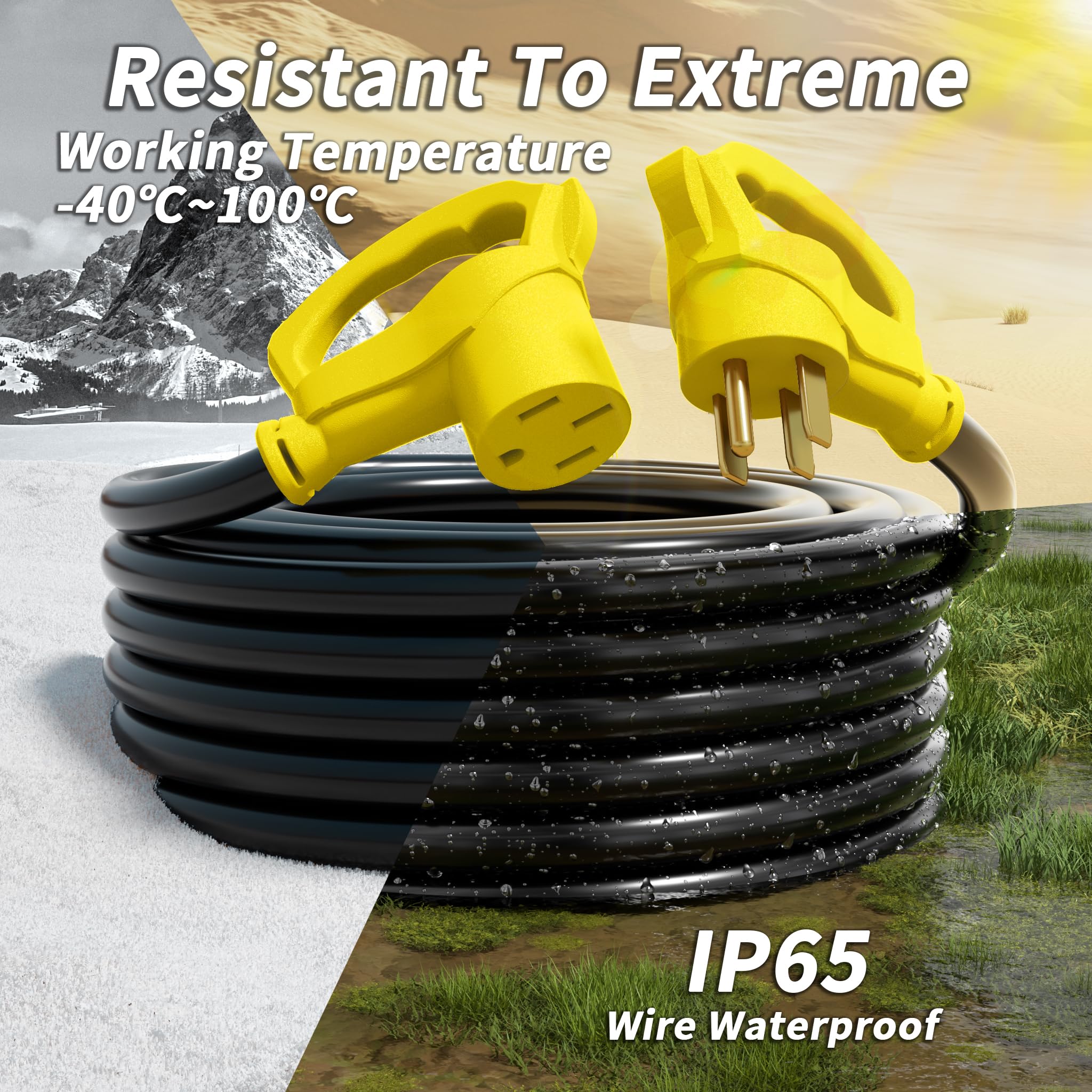 Plugsaf 30 Ft 50 Amp Rv/Ev Extension Cord Outdoor With Grip Handle, 4 Prong Flexible Heavy Duty 6/3+8/1 Gauge Stw Rv Power Cord