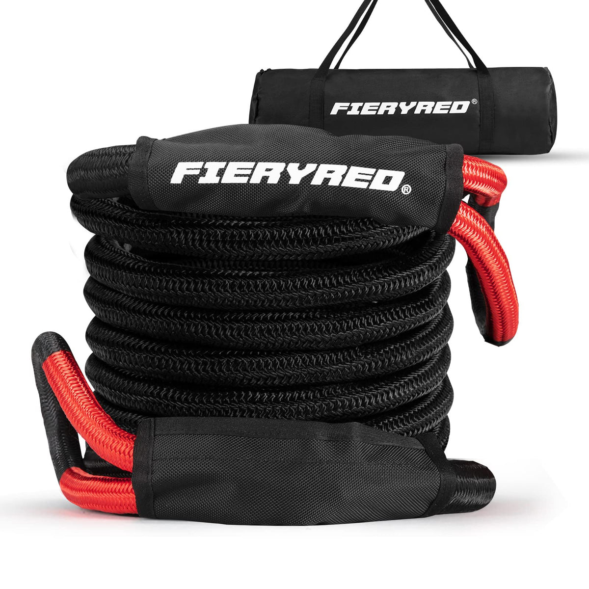 FieryRed Kinetic Energy Recovery Rope 30FT 7/8 Inch- Power Stretch Snatch Strap Vehicle Tow Rope with Reinforced Loops Protectiv