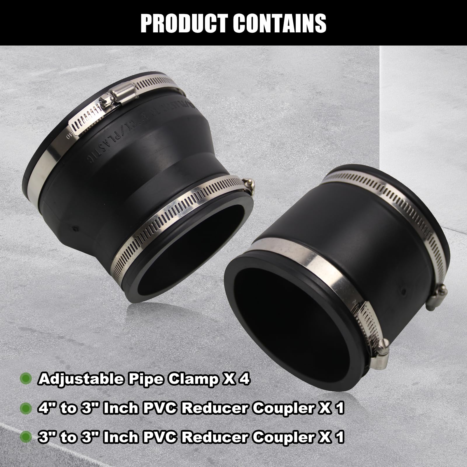 Rulline 4'' to 3'' & 3'' to 3'' Black PVC Reducer & Coupler with 4 Clamps - RV Plumbing Fittings Adapter