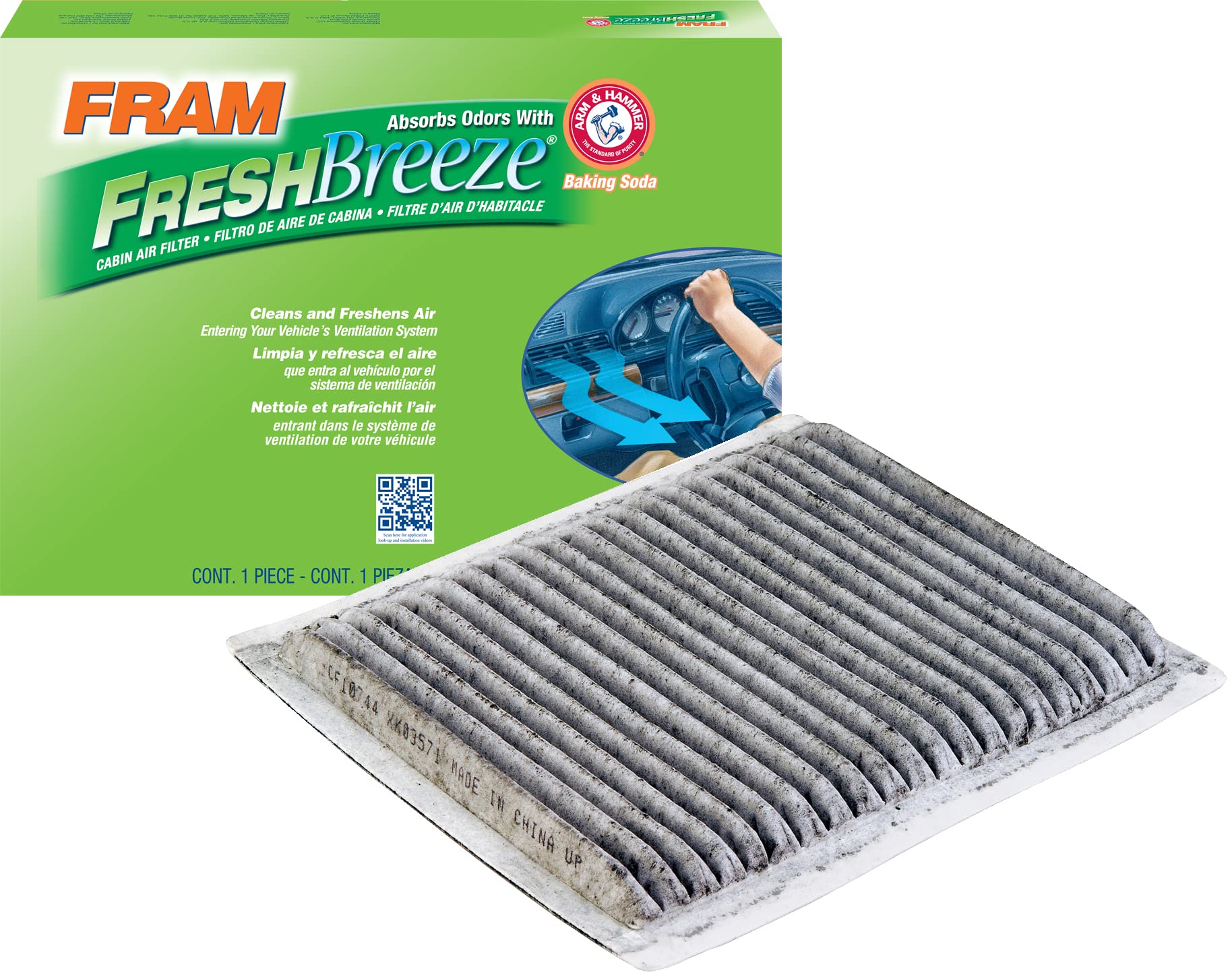 Fram Fresh Breeze Cabin Air Filter Replacement For Car Passenger Compartment W/ Arm And Hammer Baking Soda, Easy Install, Cf1074