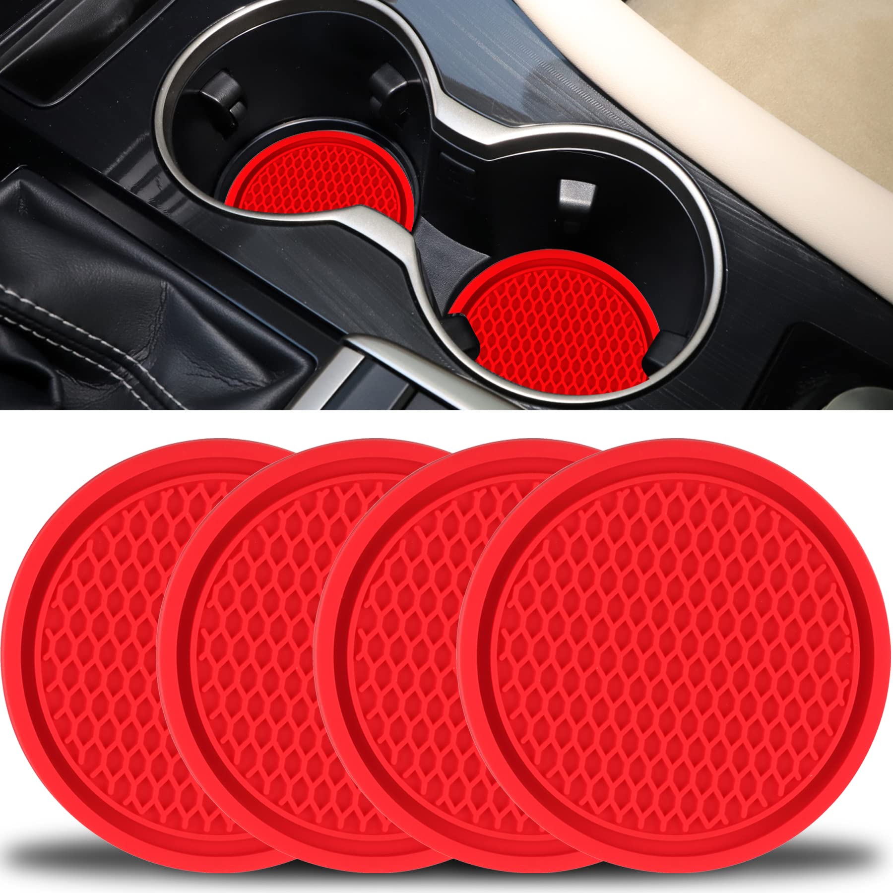 Singaro Car Cup Coaster, 4Pcs Universal Non-Slip Cup Holders Embedded In Ornaments Coaster, Car Interior Accessories, Red