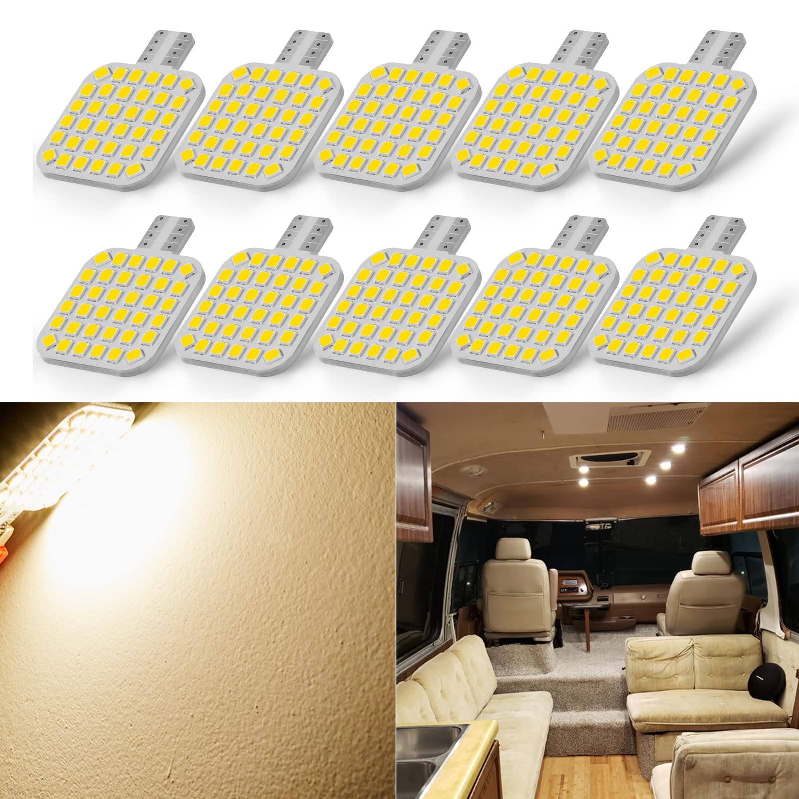 Brishine 10Pcs 921 Interior Led Light Bulbs For Rv, Super Bright 36-Smd Warm White T10 922 912 194 Led Bulbs Replacement For Camper Trailer Motorhome Marine Boat Indoor Ceiling Dome Lights(12V Dc)