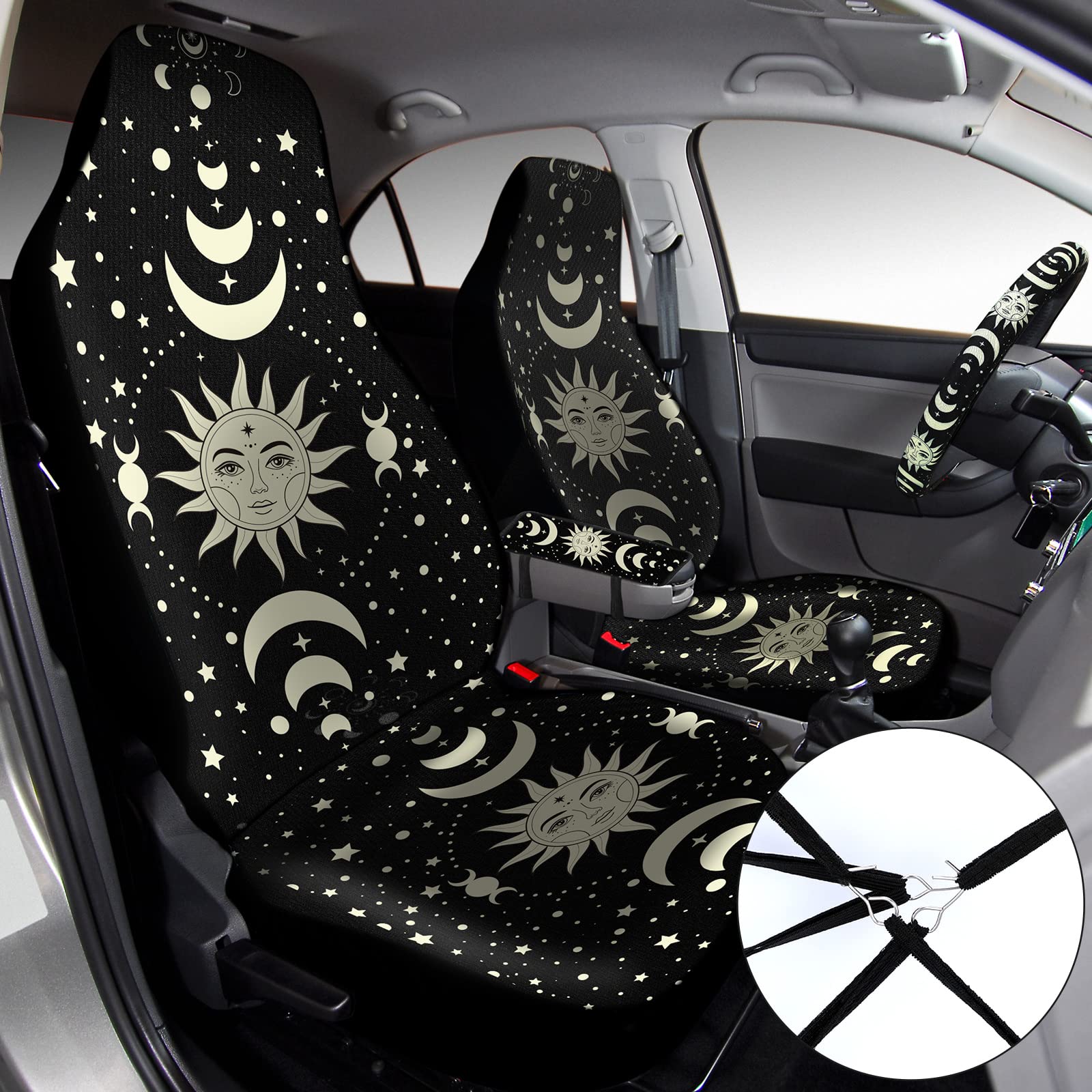 Fiada 10 Pcs Moon Star Car Seat Covers Full Set Car Accessories for Women Front Seat Cover Steering Wheel Armrest Cover Belt Cov