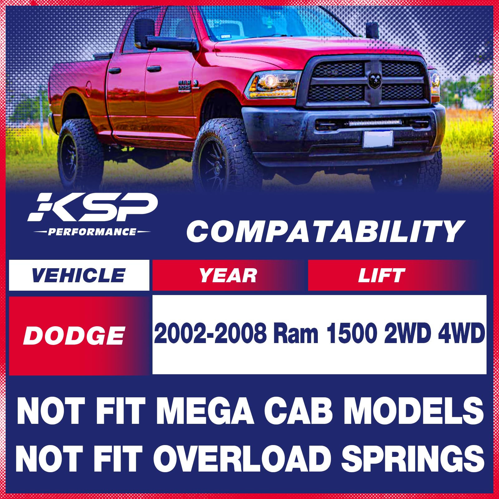 KSP 2'' Rear Lift Blocks for Dodge Ram 1500 2002-2008 2WD 4WD, 2in Rear Leveling Kits with 9/16 Extended Round U-Bolts, 2inch He