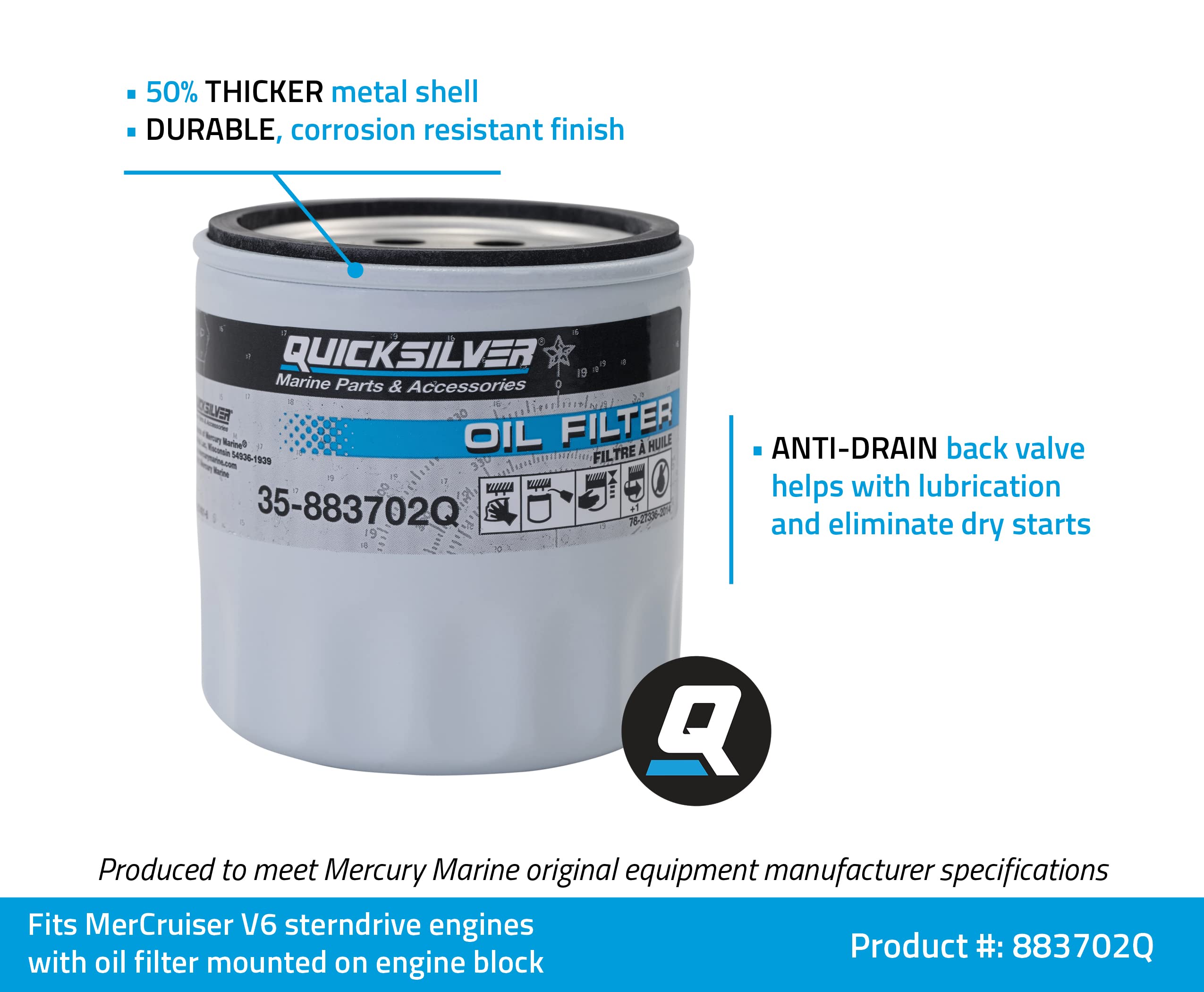 Quicksilver 883702Q Engine Block Mount Oil Filter For V-6 Mercruiser Stern Drive Engines
