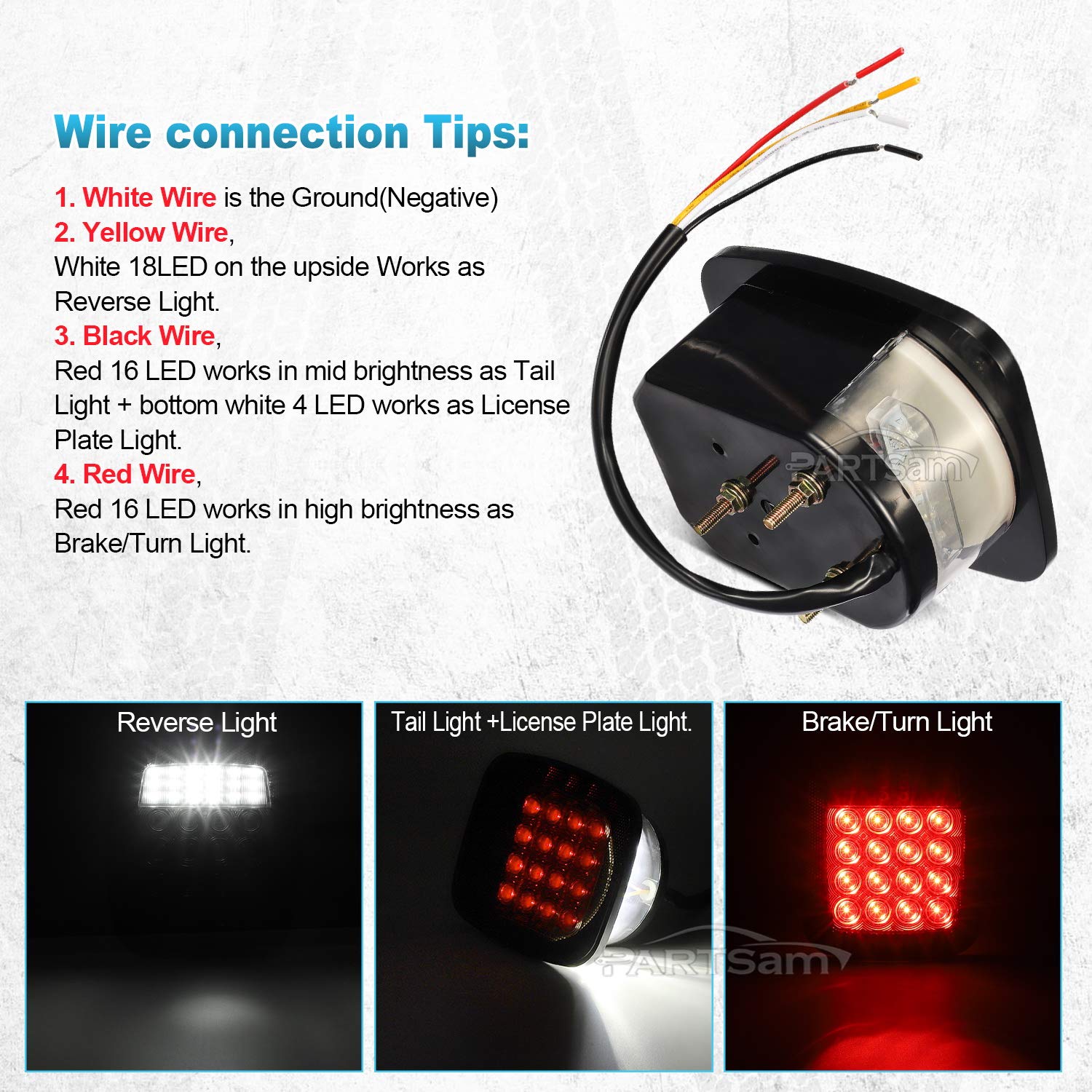 Partsam 2Pcs Universal Smoked Square Combination 38 Led Signal Tail Lights W/License Plate Lights Flatbed Trucks Brake Stop Turn