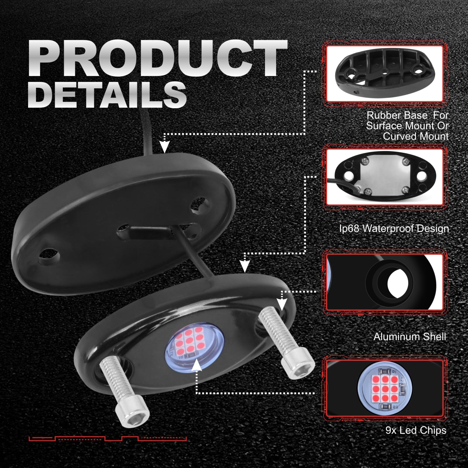 Ly8 Led Rock Lights 8 Pods Red For Truck Atv Utv Suv Motorcycle Car Boat Shockproof Waterproof Underbody Glow Neon Trail Rig Fender Lighting