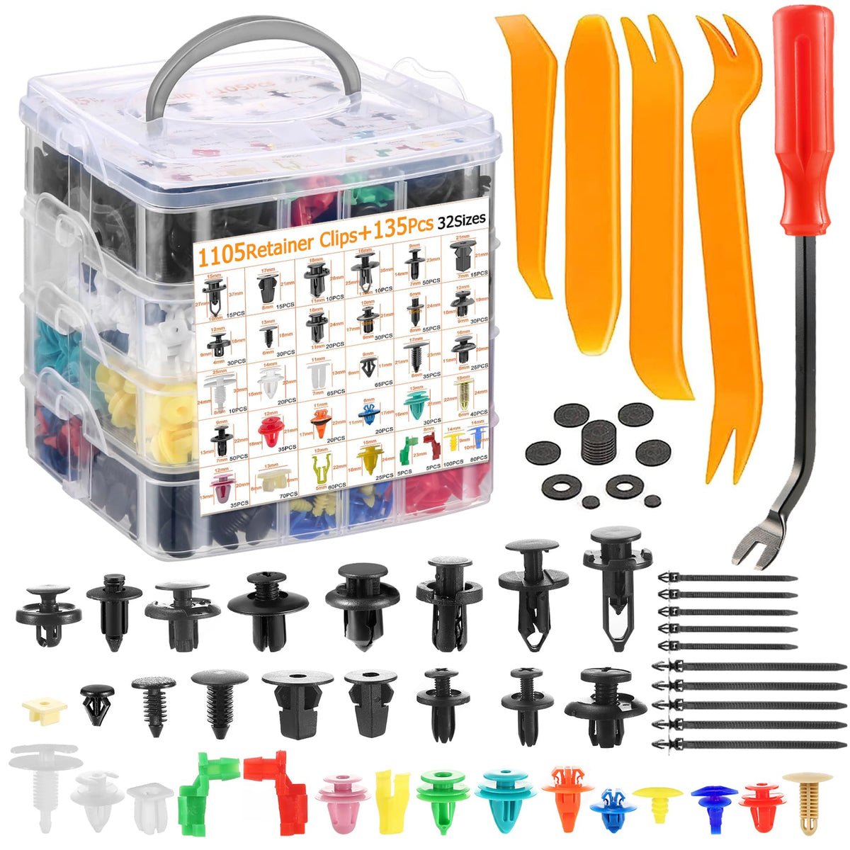 Uolor 1240Pcs Car Push Retainer Clips & Auto Fasteners Kit - 32 Most Popular Sizes Nylon Bumper Fender Rivets With 10 Cable Ties And Fasteners Remover For Toyota Gm Ford Honda Chevy