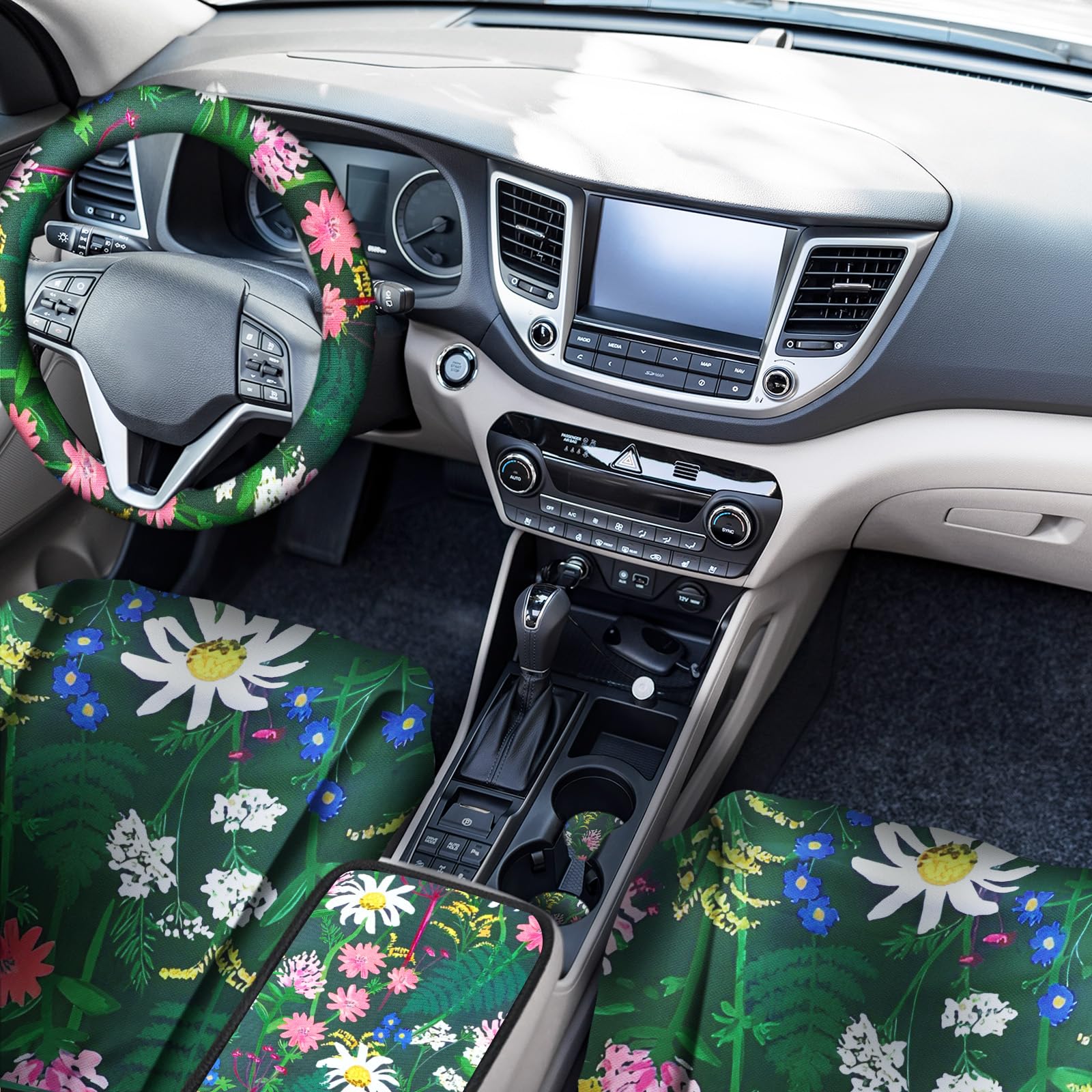 Frienda 13 Pcs Floral Print Car Seat Cover Full Set for Women Men Print Car Accessories Rubber Steering Wheel Armrest Pad Cover