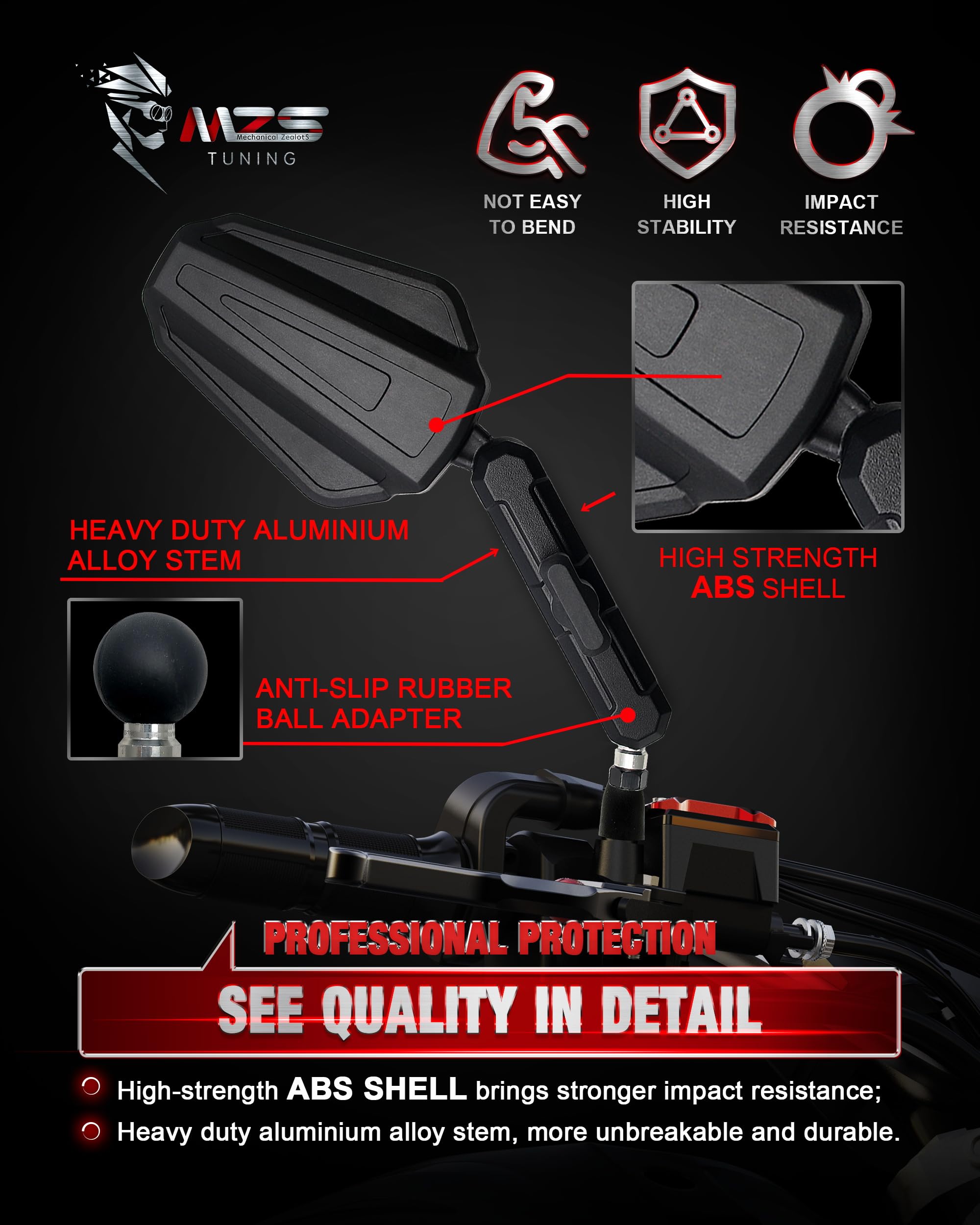 Mzs Adventure Motorcycle Mirrors, 10Mm 8Mm Foldable Motorbike Rear View Handlebar Side Mirror With Aluminum Mount Black Fit For