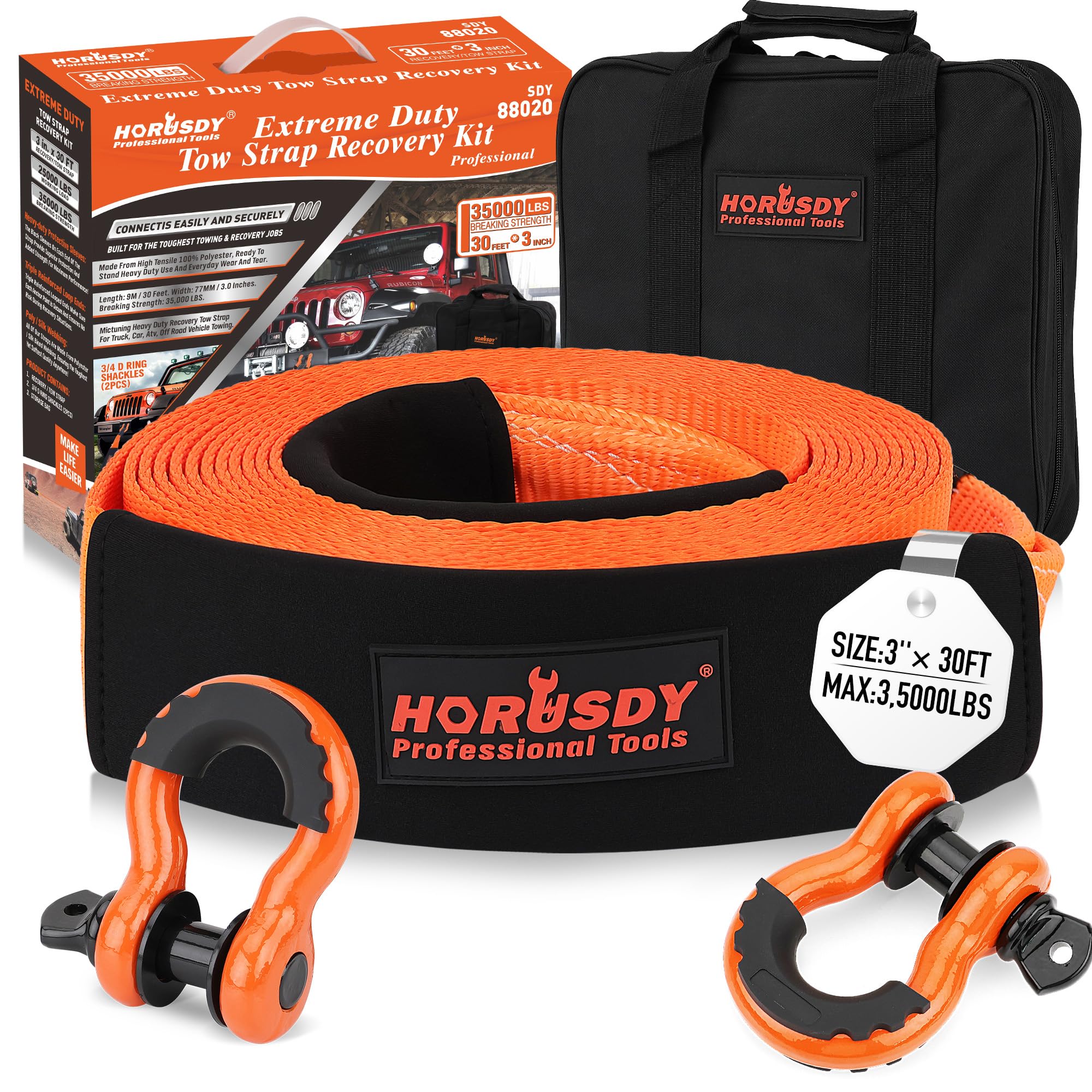 Horusdy Nylon Heavy Duty Tow Strap Recovery Strap With Hooks 3'' X 30Ft - 35,000 Lbs Break Strength, 3/4 D Ring Shackles (2Pcs),