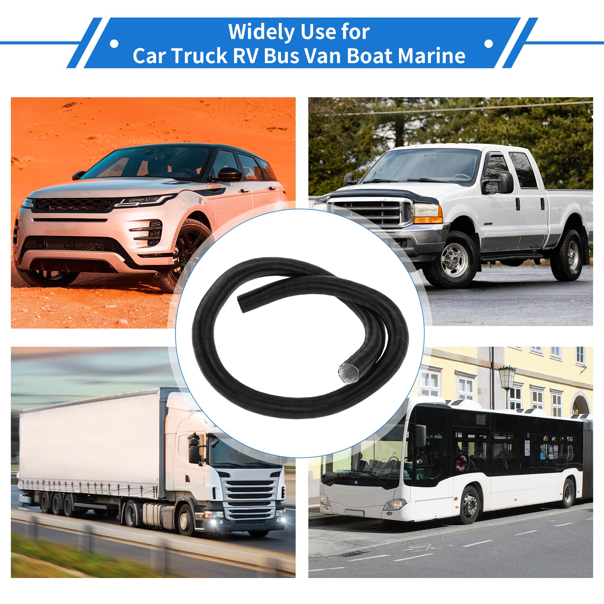 VekAuto 1 Pc Car Heater Duct Pipe 25mm ID 200cm Max l Warm Air Ducting Hose Car Truck RV Bus Van Boat Aluminum Foil Black