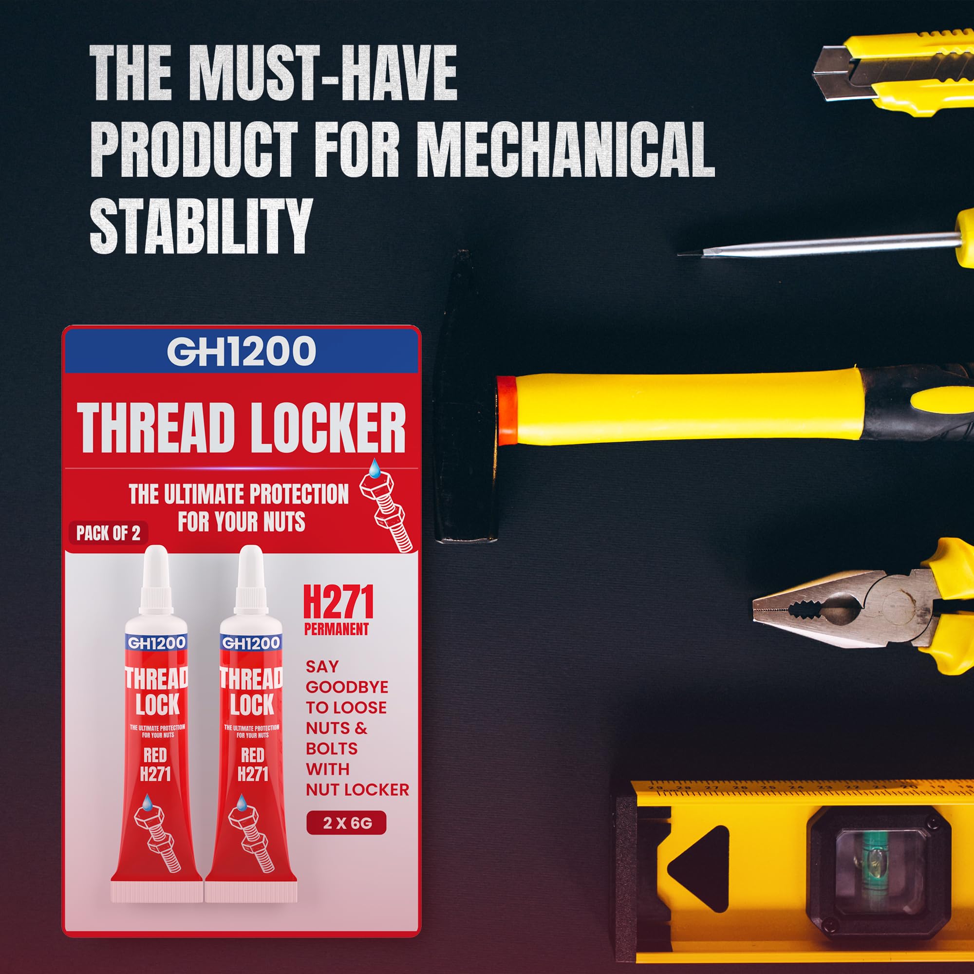 Gh1200-6 Gram X 2 Pack Red Thread Lock Strong Strength For Nuts, Bolts, And Metals - Threadlocker Lock Tight & Seal Fasteners Wi