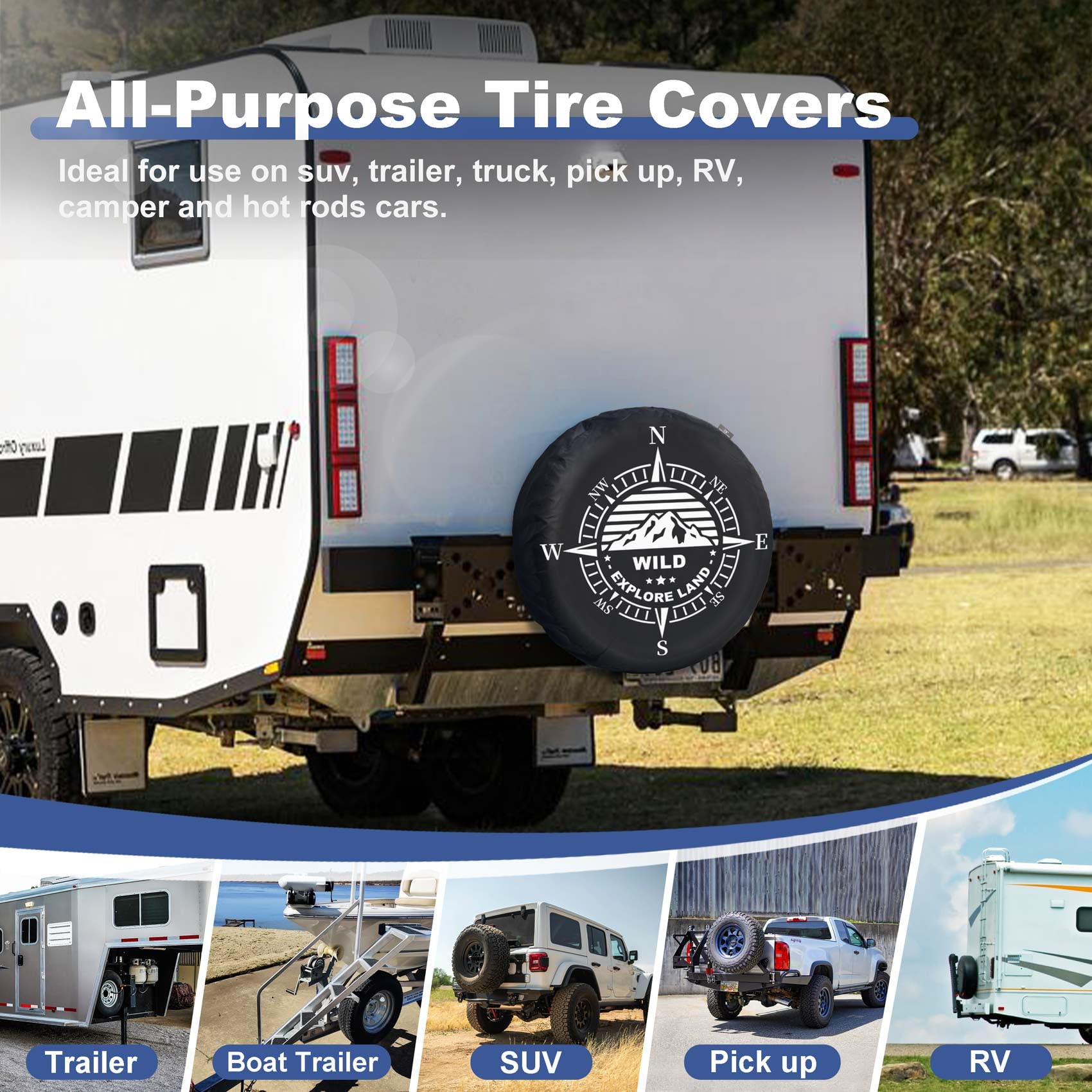 Explore Land 26-27.75 Inch Spare Tire Cover Fit Trailer, Rv, Suv, Truck, Tough Tire Wheel Soft Cover, Compass