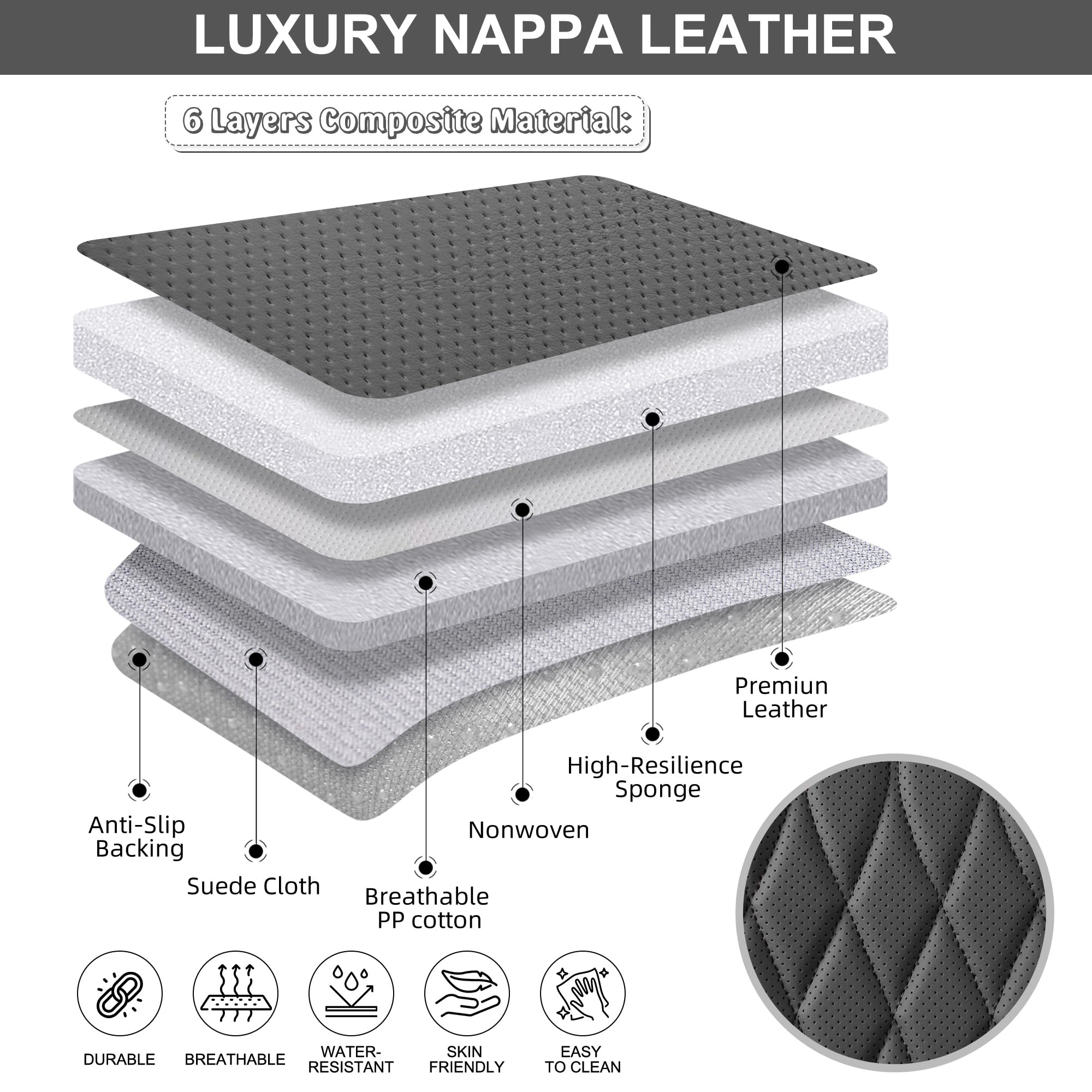 BWTJF Gray Car Seat Cover 2 Pack, Universal Leather Front Seat Covers Bottom Protector, Anti-Slip and Full Wrapping Edge Compati